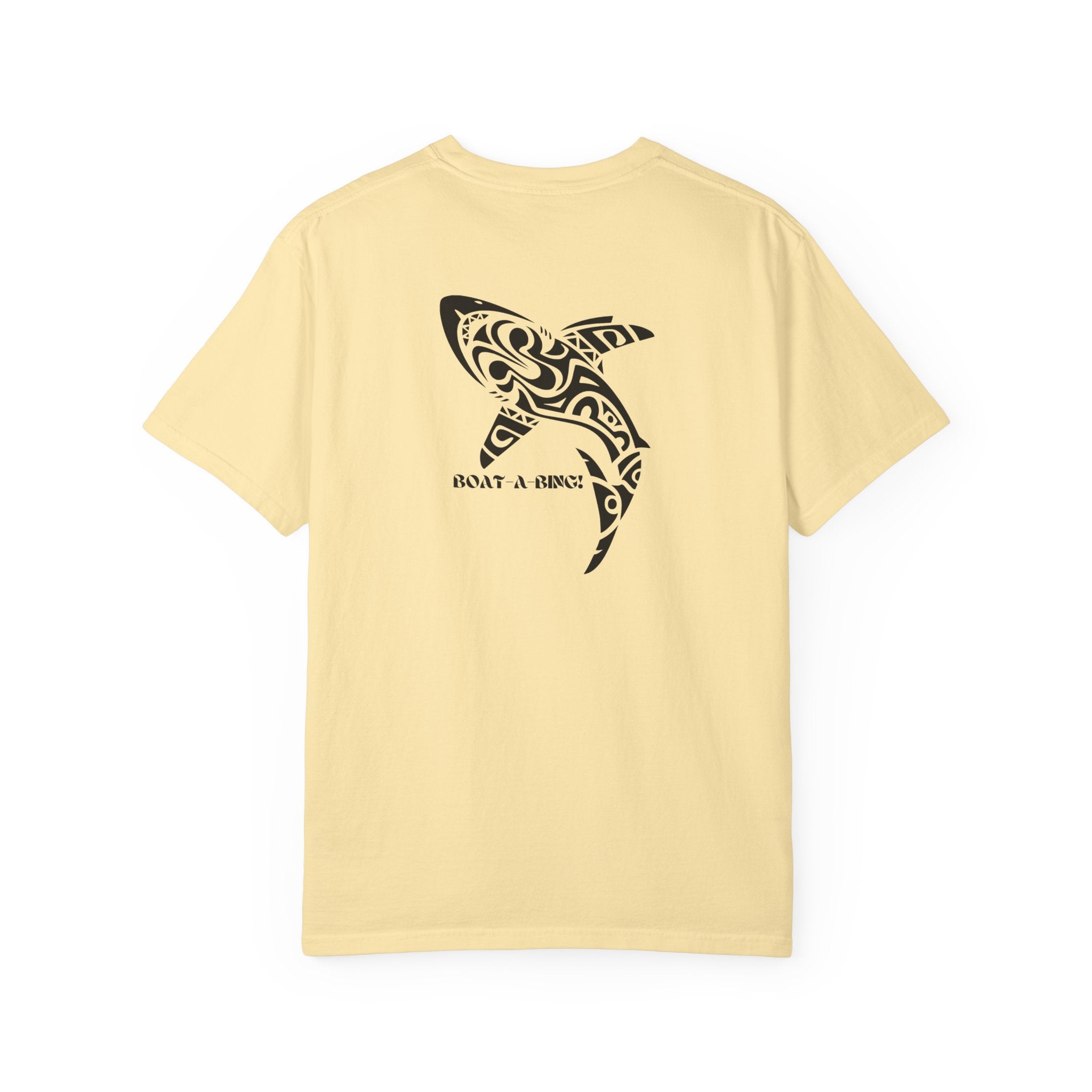 Boat-A-Bing Tiki Shark garment-dyed cotton boating tee, back print