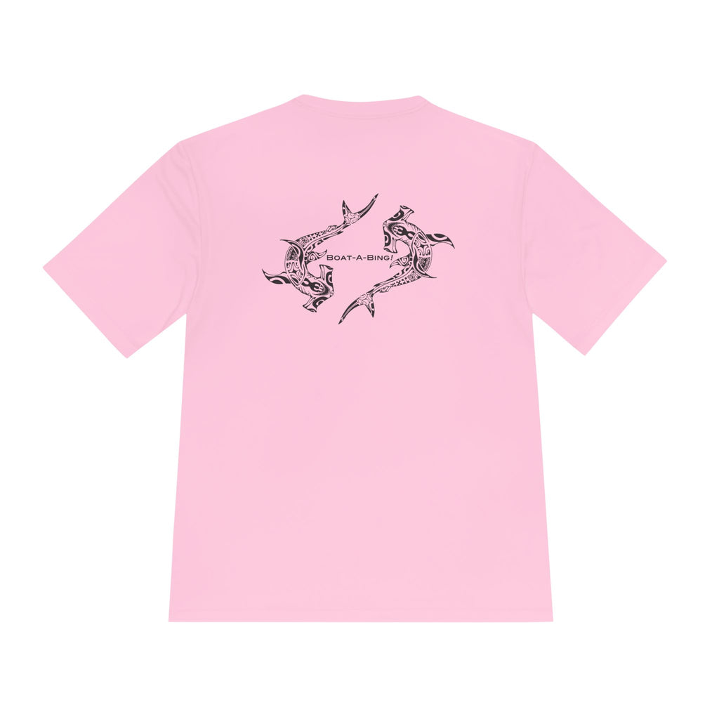 Boat-A-Bing Hammerheads hammerhead sharks moisture-wicking performance boating tee, original hand-drawn back print