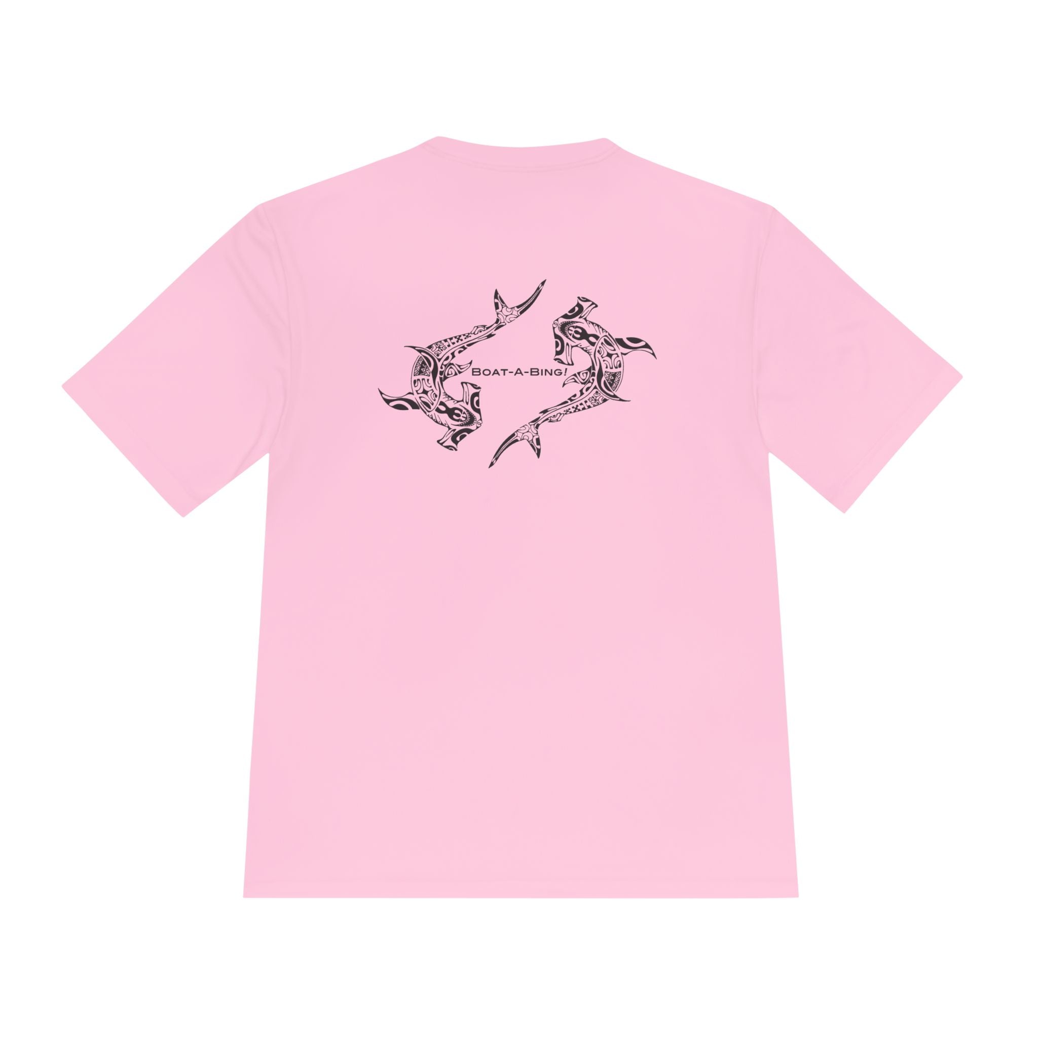 Boat-A-Bing Hammerheads hammerhead sharks moisture-wicking performance boating tee, original hand-drawn back print