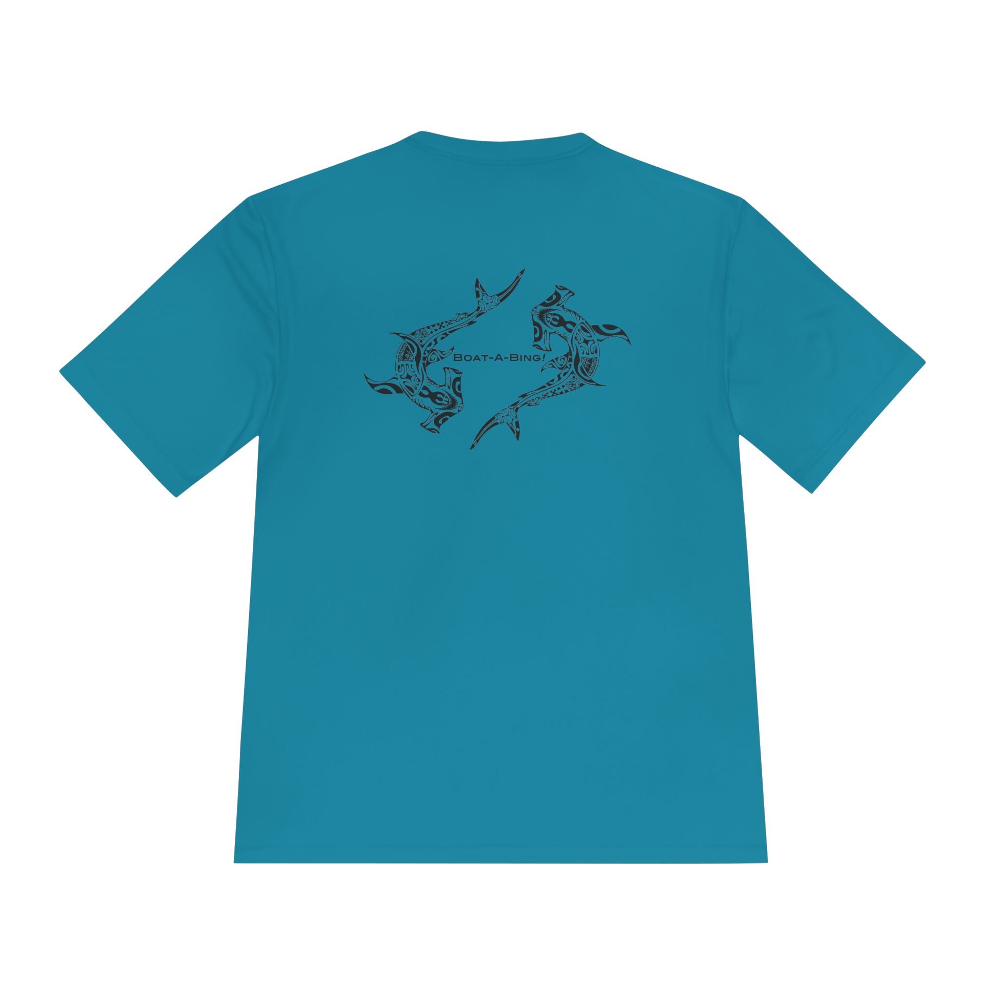 Boat-A-Bing Hammerheads hammerhead sharks moisture-wicking performance boating tee, original hand-drawn back print