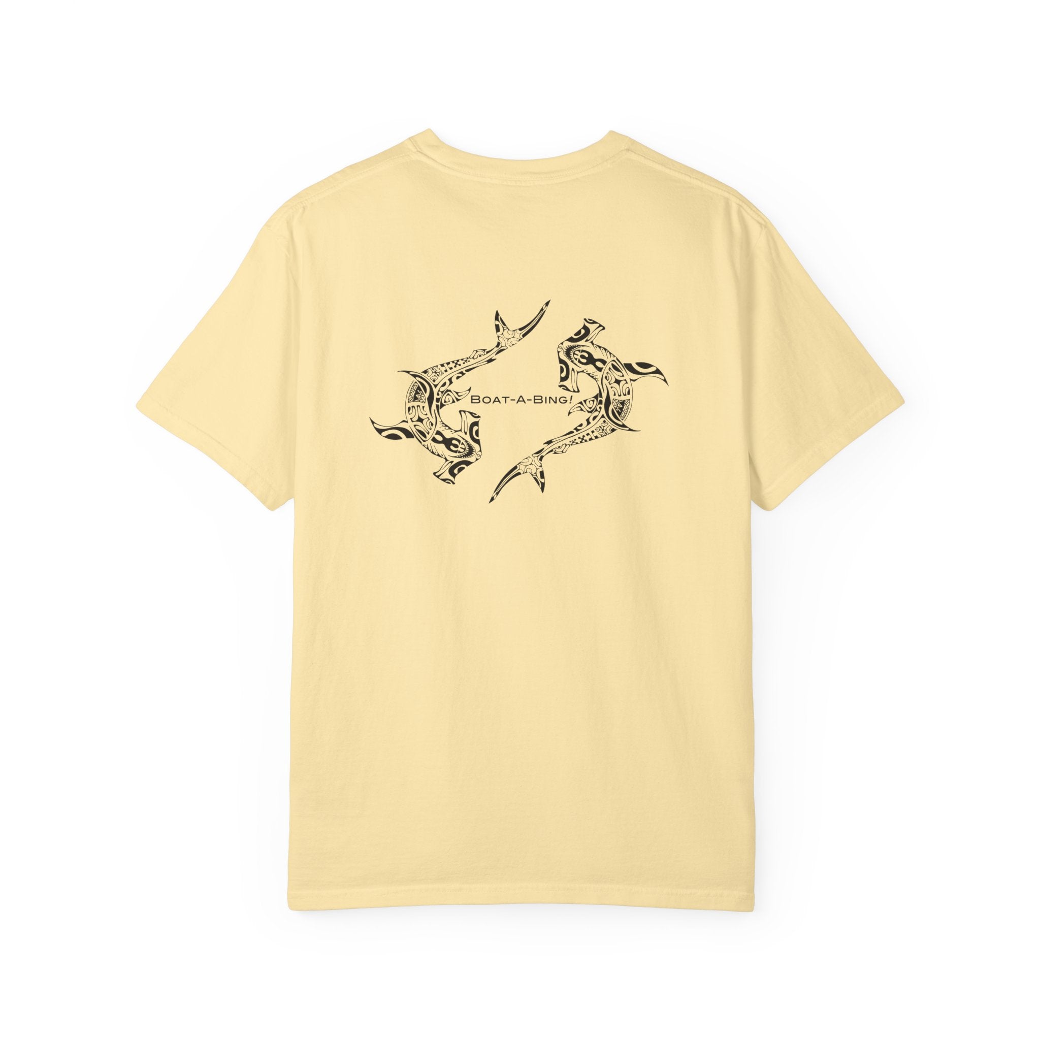Boat-A-Bing Hammerheads hammerhead sharks garment-dyed cotton boating tee, original hand-drawn back print