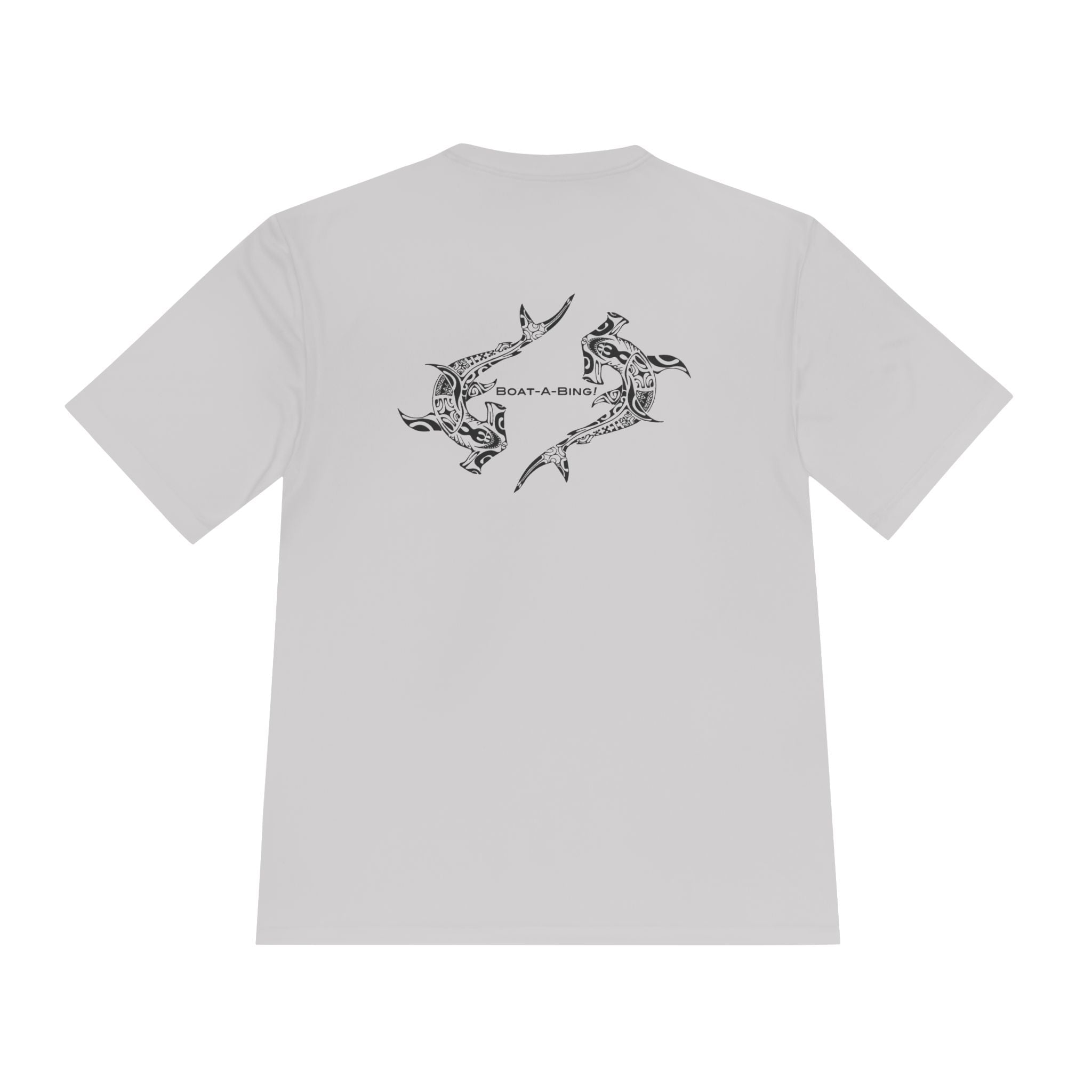 Boat-A-Bing Hammerheads hammerhead sharks moisture-wicking performance boating tee, original hand-drawn back print