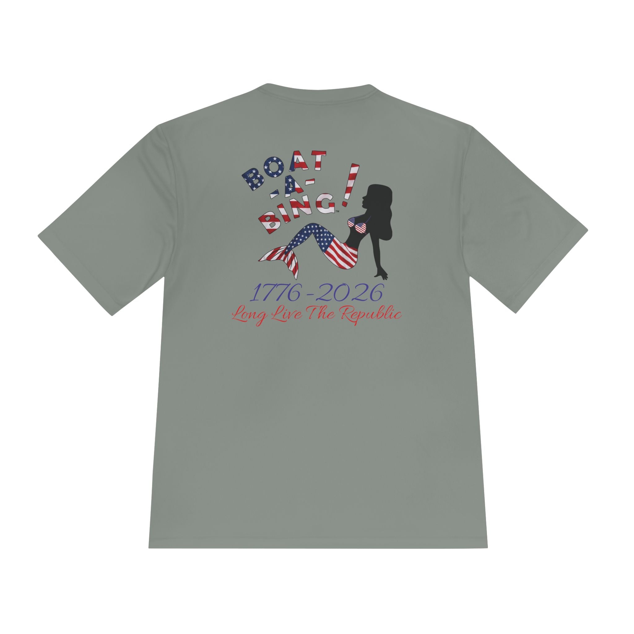 Boat-A-Bing Sirena USA 250 red white and blue limited edition mermaid moisture-wicking performance tee, back print