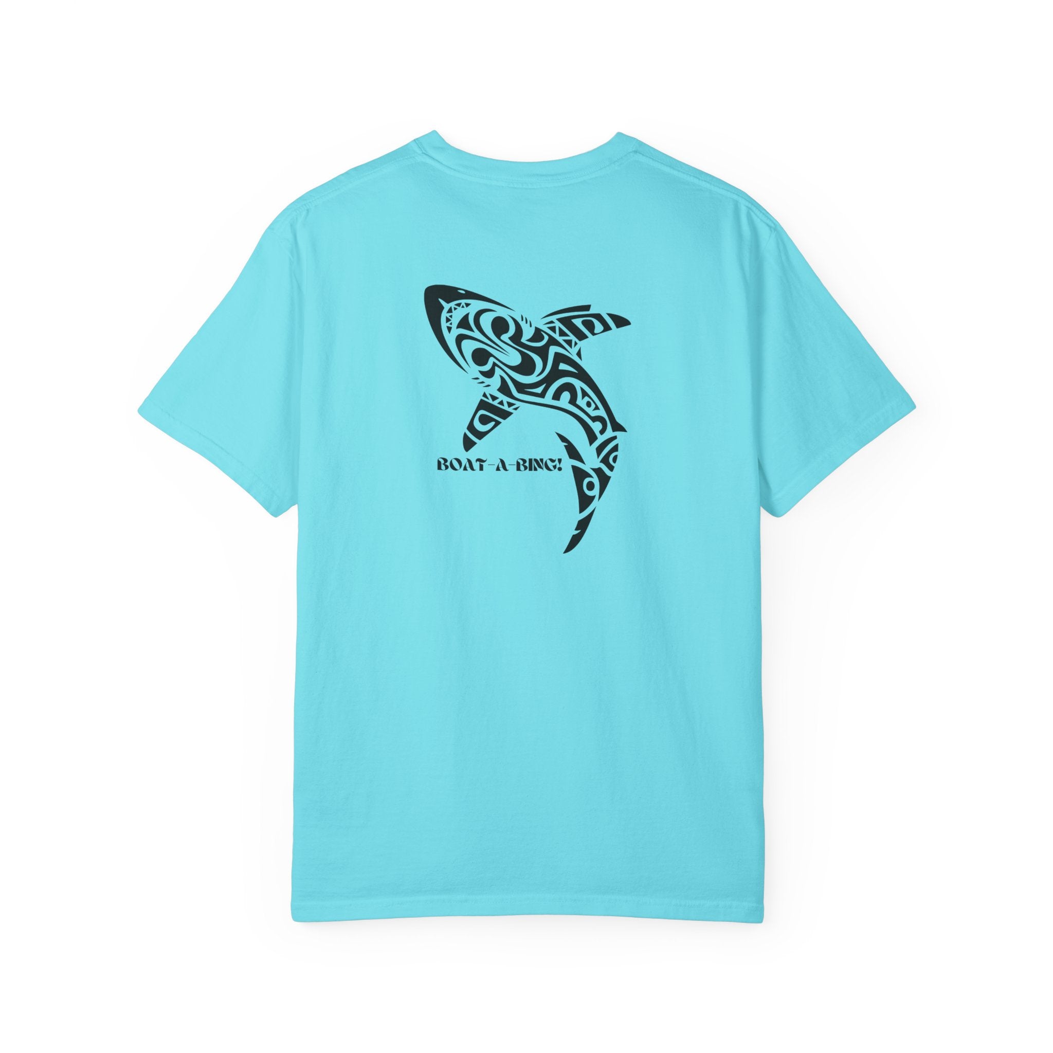 Boat-A-Bing Tiki Shark garment-dyed cotton boating tee, back print