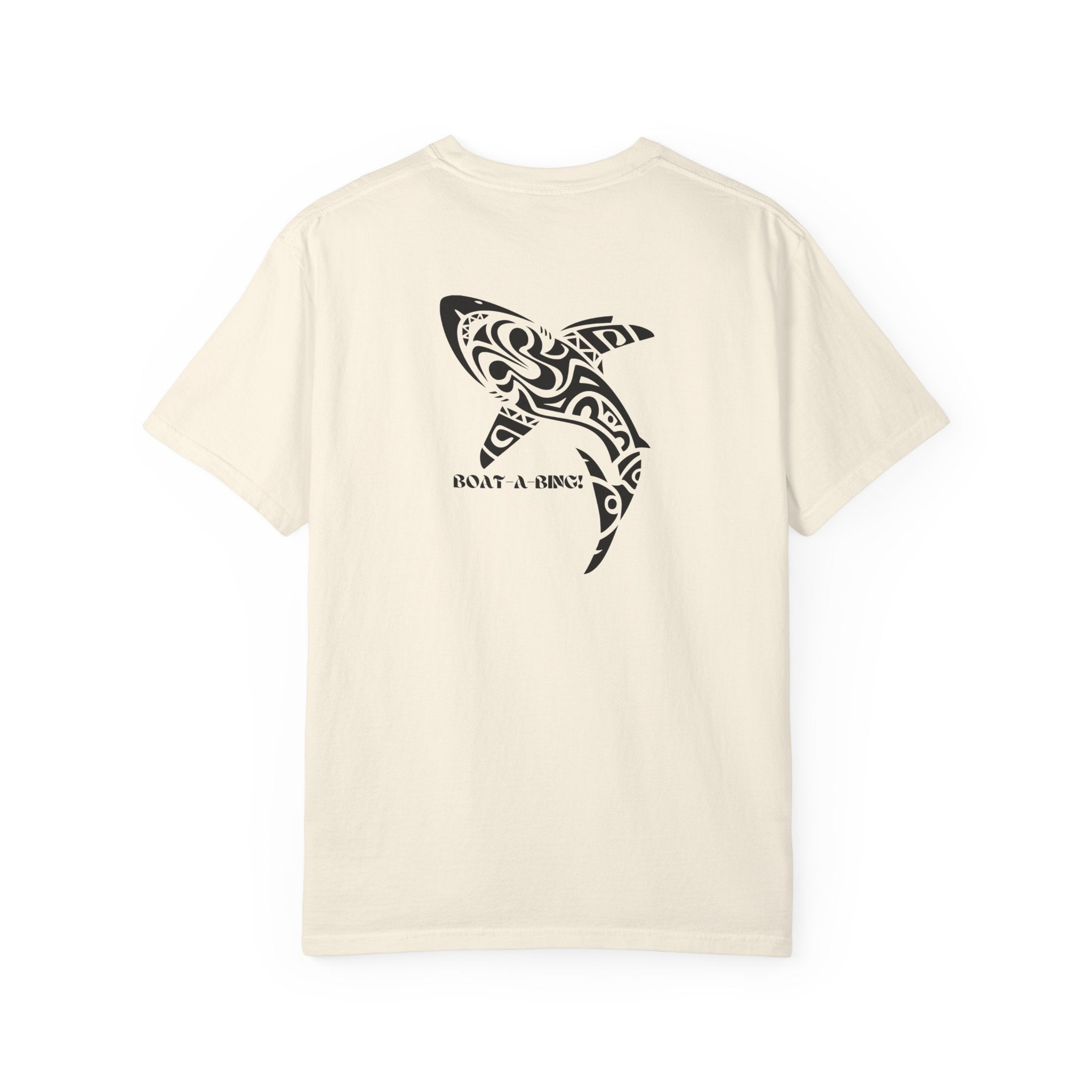 Boat-A-Bing Tiki Shark garment-dyed cotton boating tee, back print