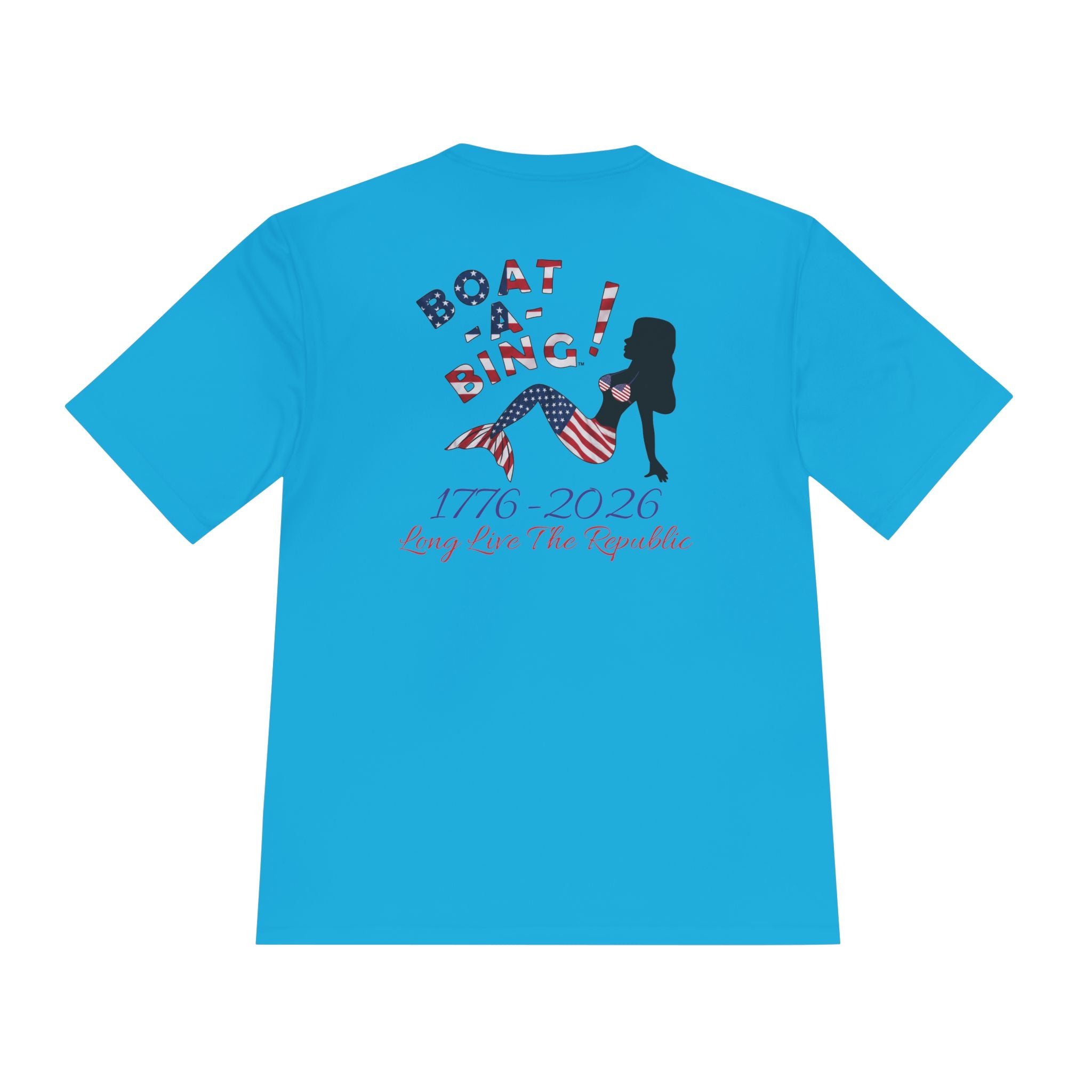 Boat-A-Bing Sirena USA 250 red white and blue limited edition mermaid moisture-wicking performance tee, back print
