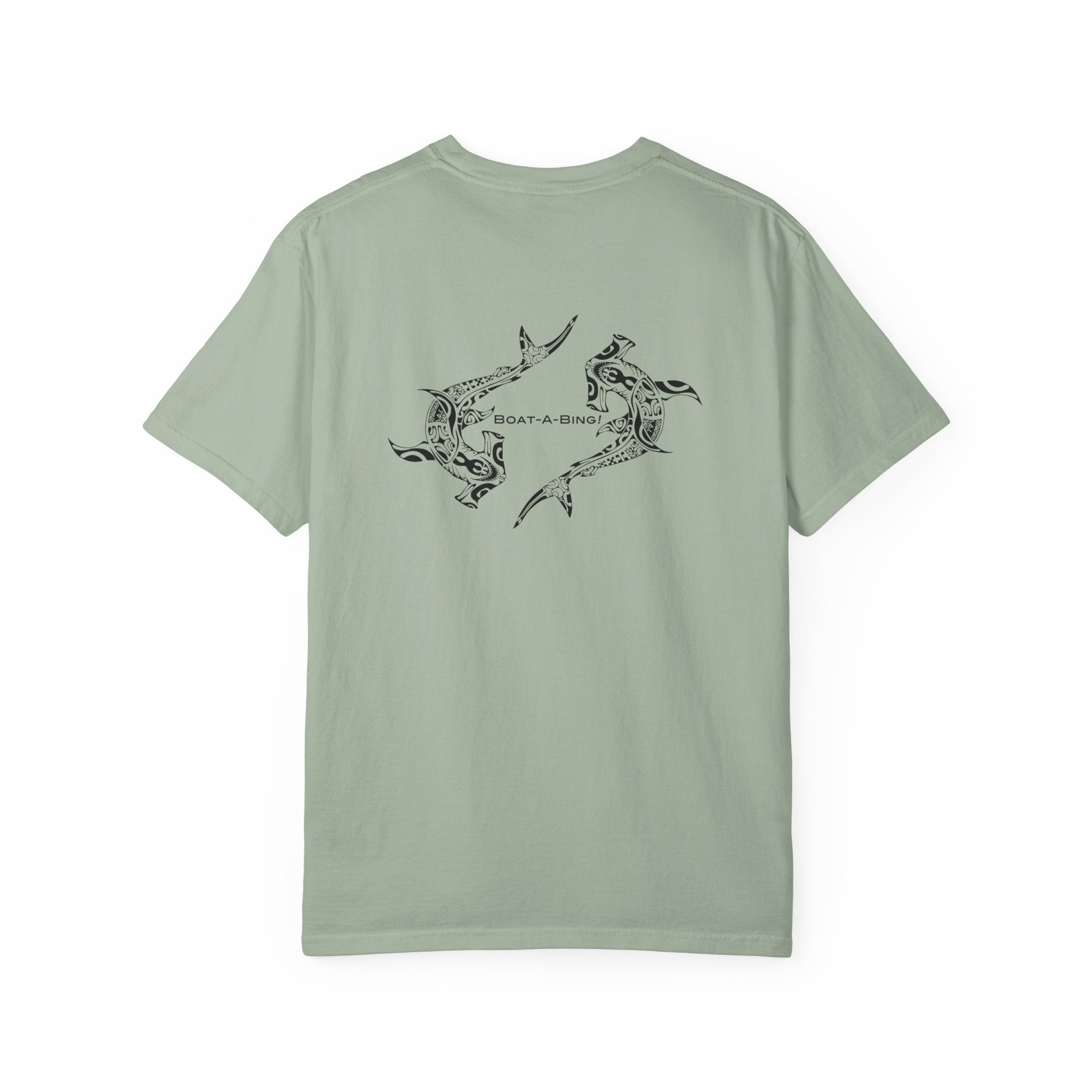 Boat-A-Bing Hammerheads hammerhead sharks garment-dyed cotton boating tee, original hand-drawn back print