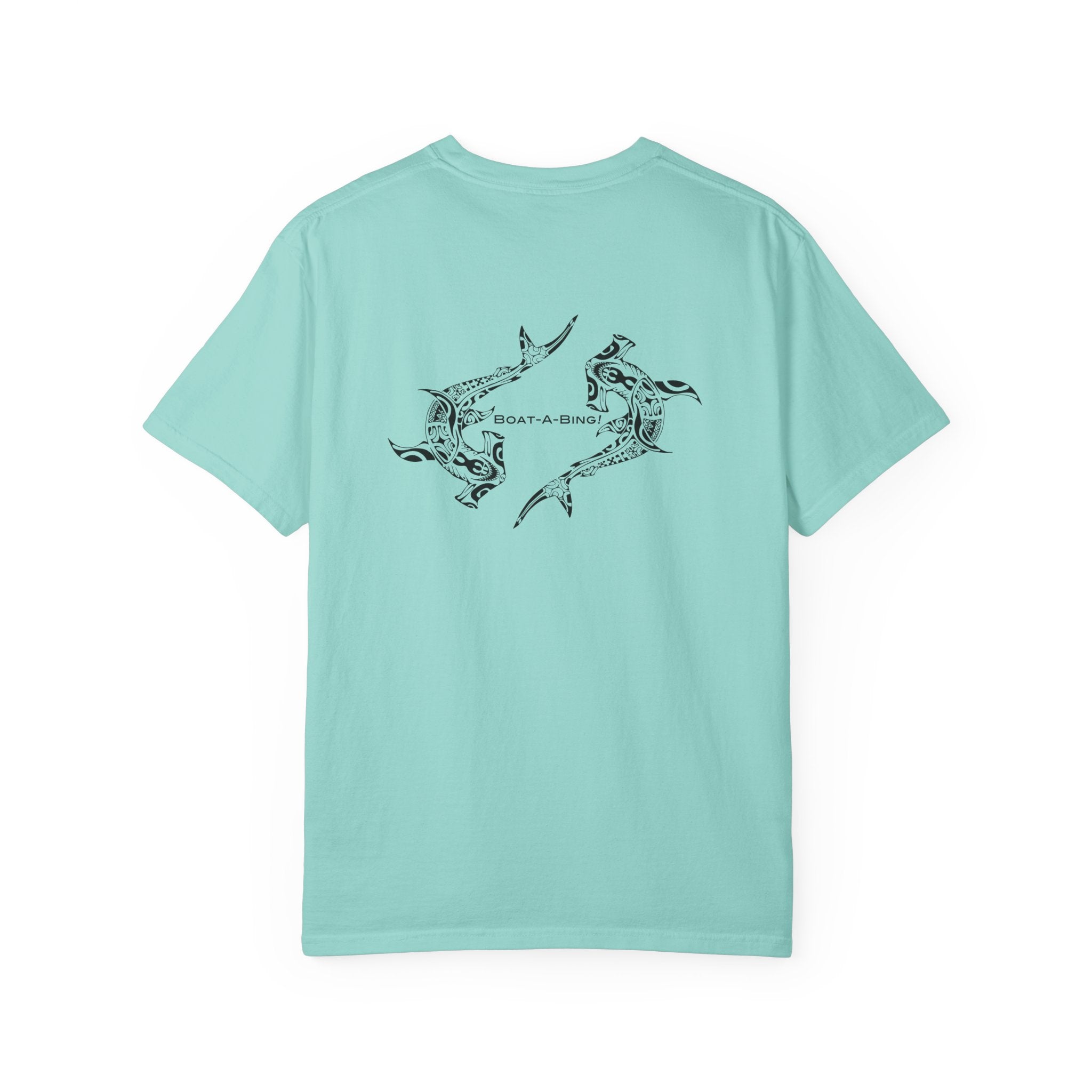 Boat-A-Bing Hammerheads hammerhead sharks garment-dyed cotton boating tee, original hand-drawn back print