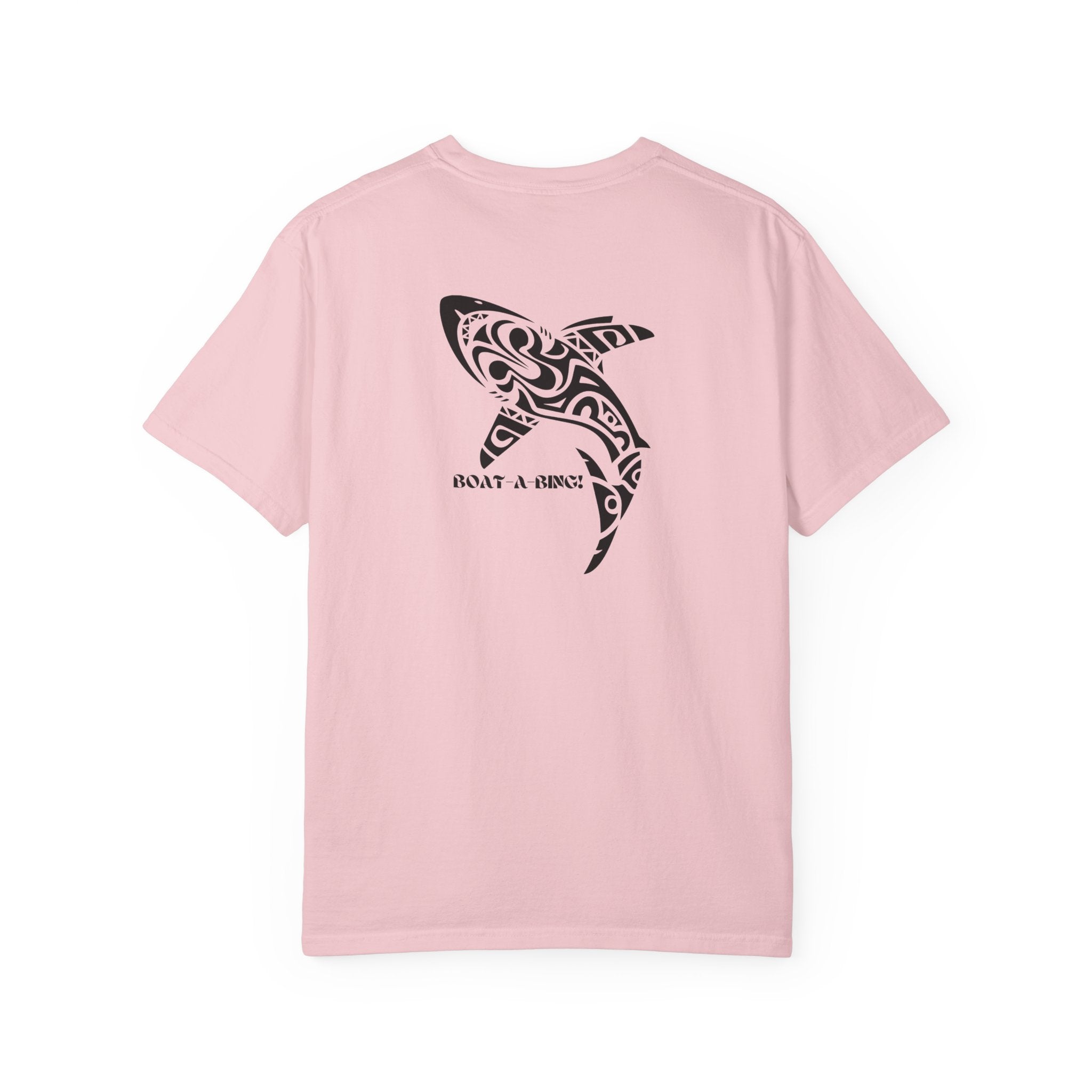 Boat-A-Bing Tiki Shark garment-dyed cotton boating tee, back print