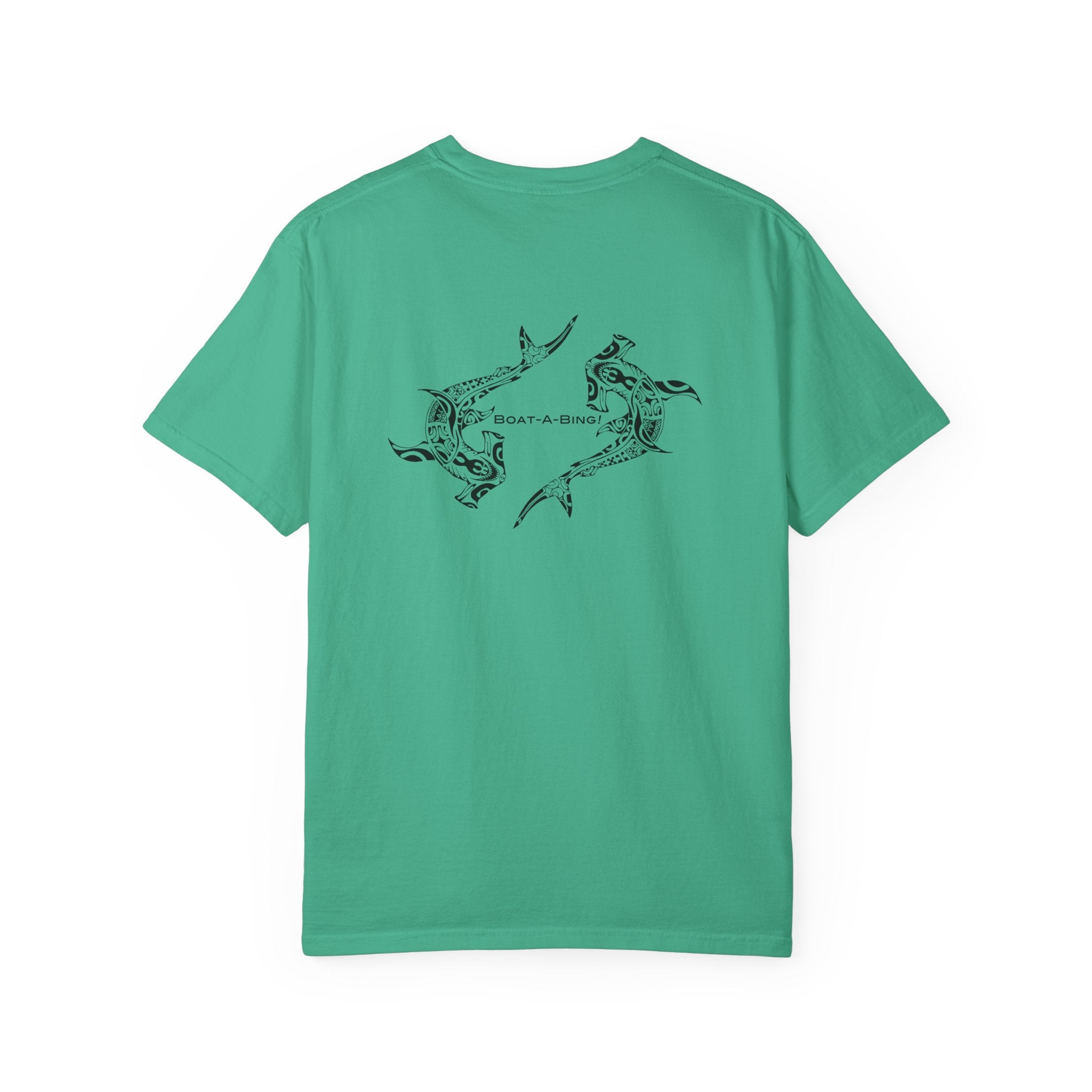 Boat-A-Bing Hammerheads hammerhead sharks garment-dyed cotton boating tee, original hand-drawn back print