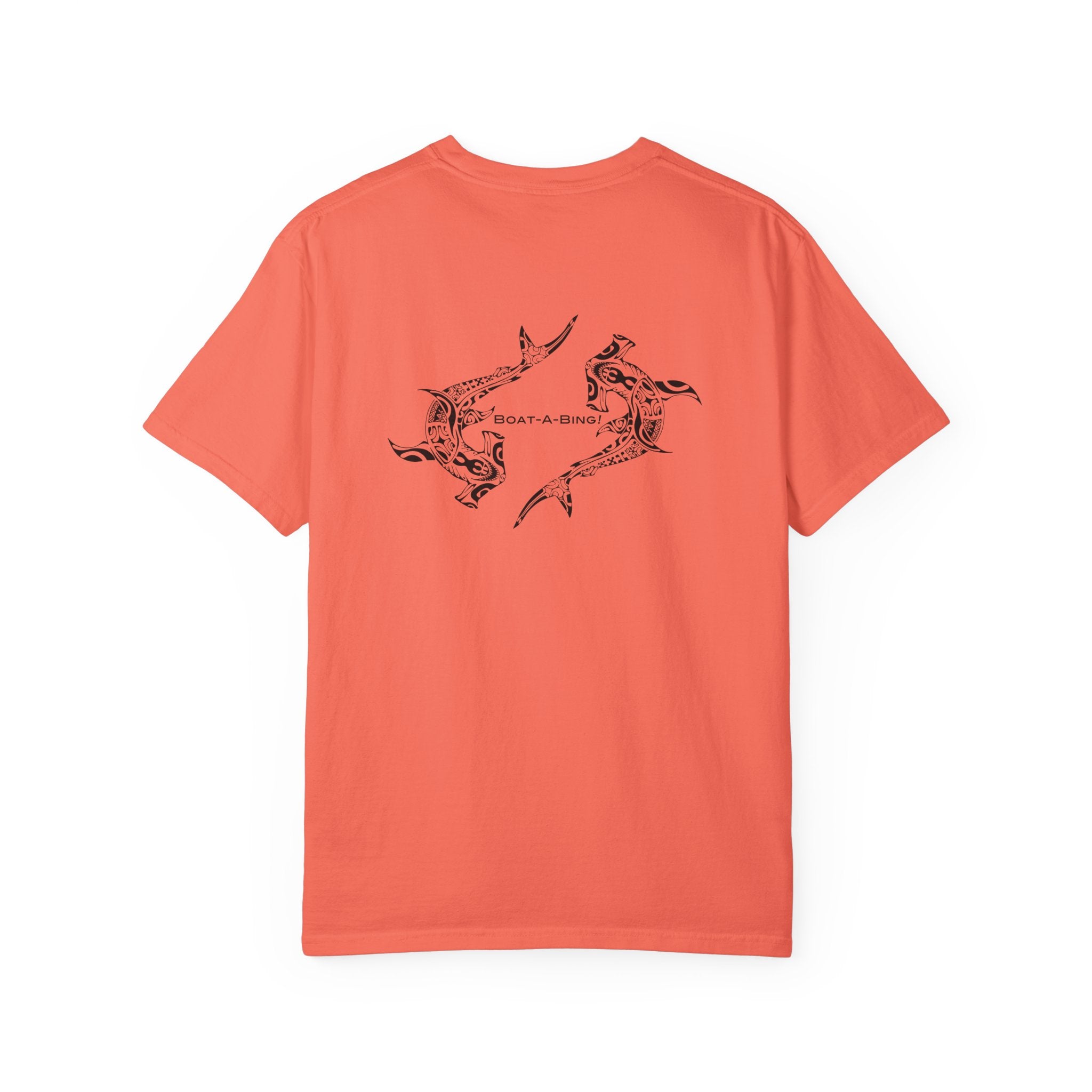 Boat-A-Bing Hammerheads hammerhead sharks garment-dyed cotton boating tee, original hand-drawn back print
