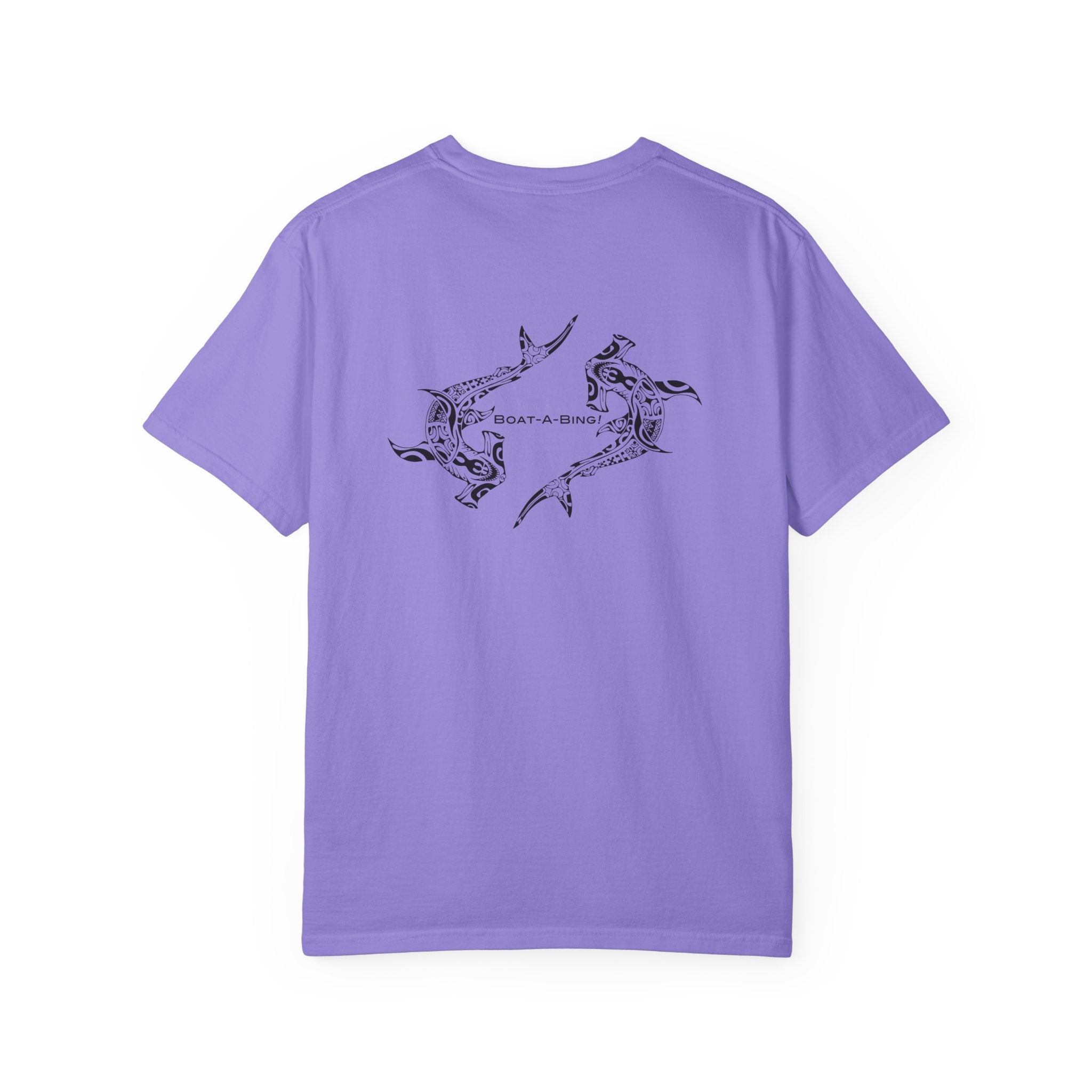 Boat-A-Bing Hammerheads hammerhead sharks garment-dyed cotton boating tee, original hand-drawn back print