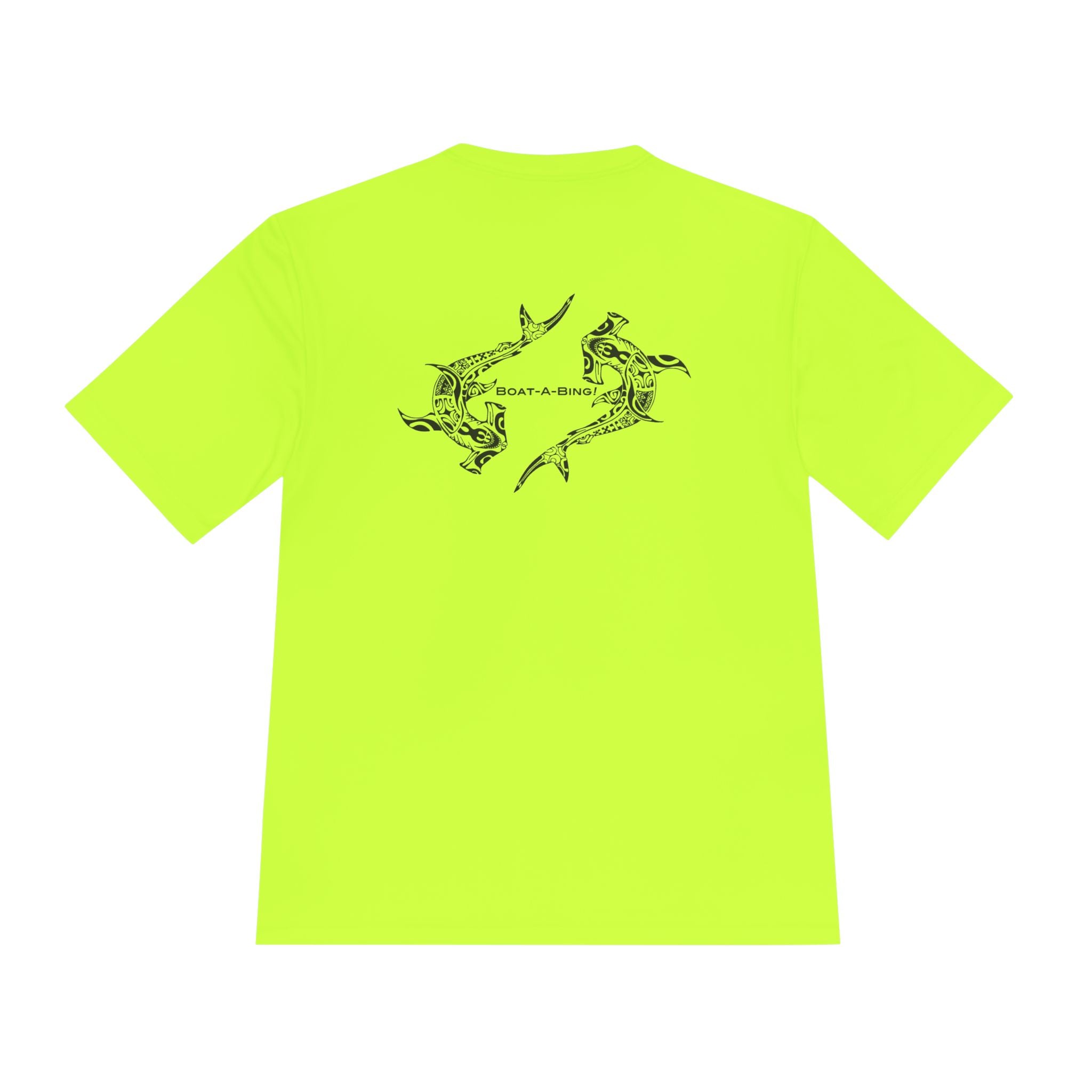 Boat-A-Bing Hammerheads hammerhead sharks moisture-wicking performance boating tee, original hand-drawn back print