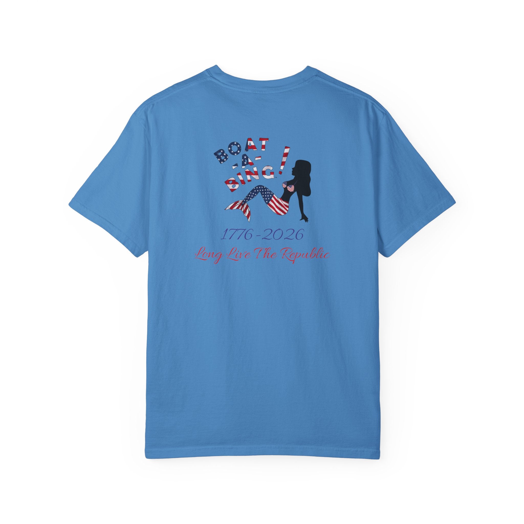 Boat-A-Bing Sirena USA 250 red white and blue limited edition mermaid garment-dyed cotton tee, back print