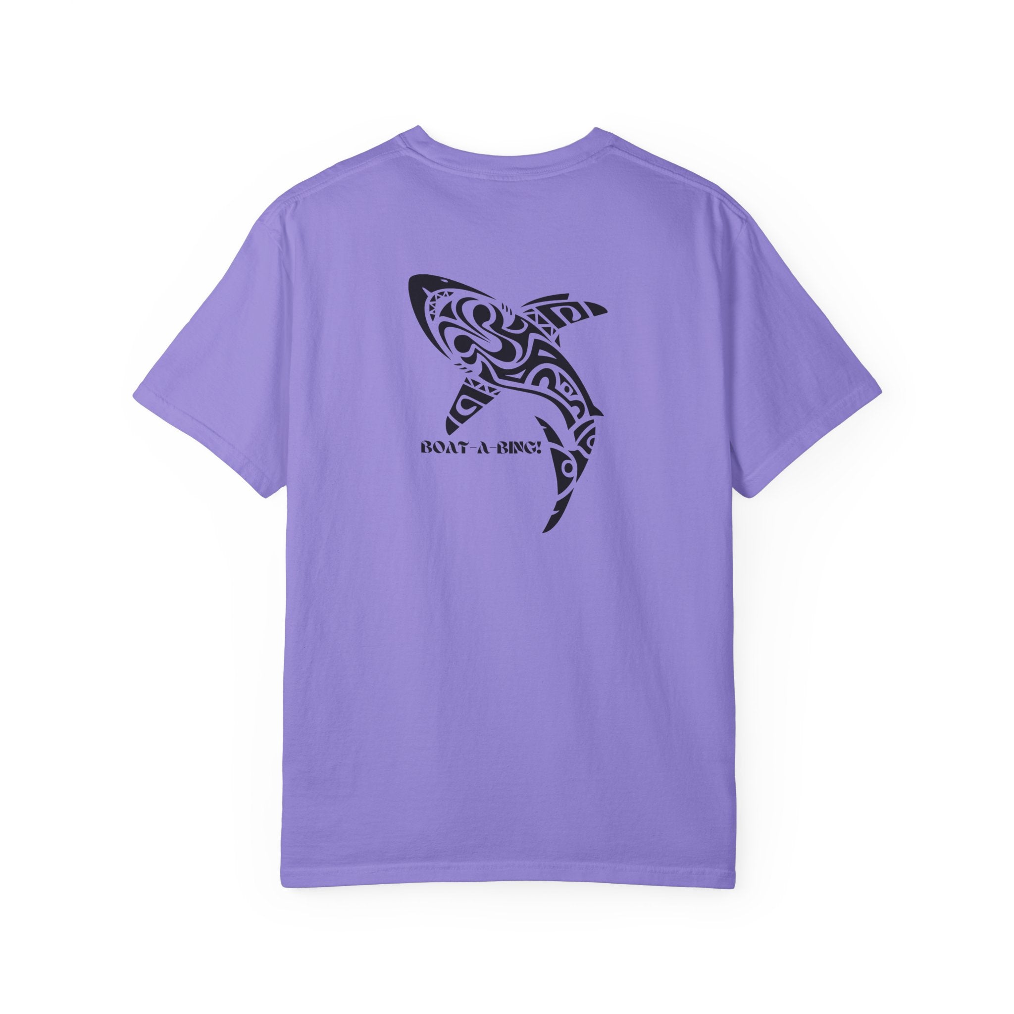 Boat-A-Bing Tiki Shark garment-dyed cotton boating tee, back print
