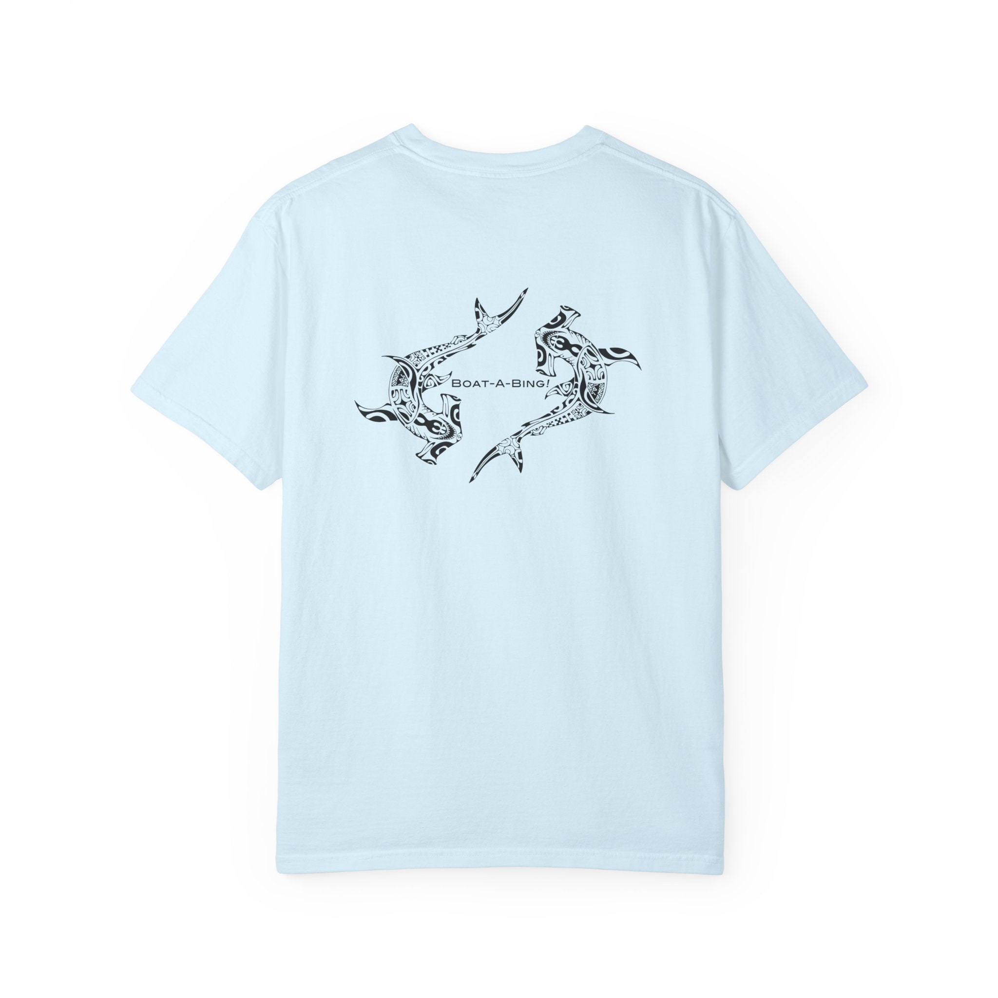 Boat-A-Bing Hammerheads hammerhead sharks garment-dyed cotton boating tee, original hand-drawn back print