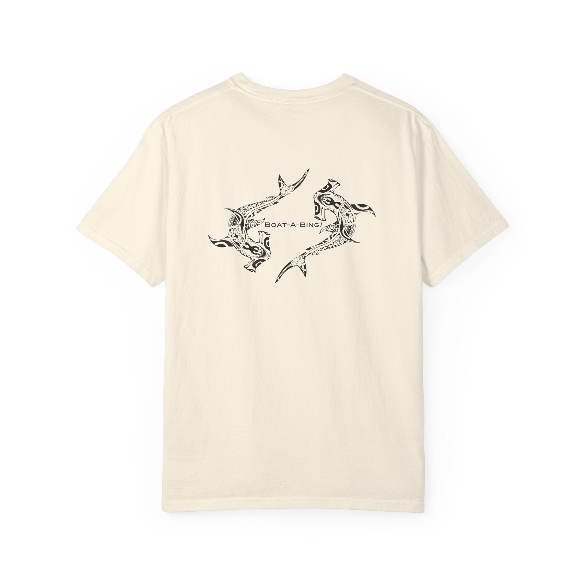 Boat-A-Bing Hammerheads hammerhead sharks garment-dyed cotton boating tee, original hand-drawn back print