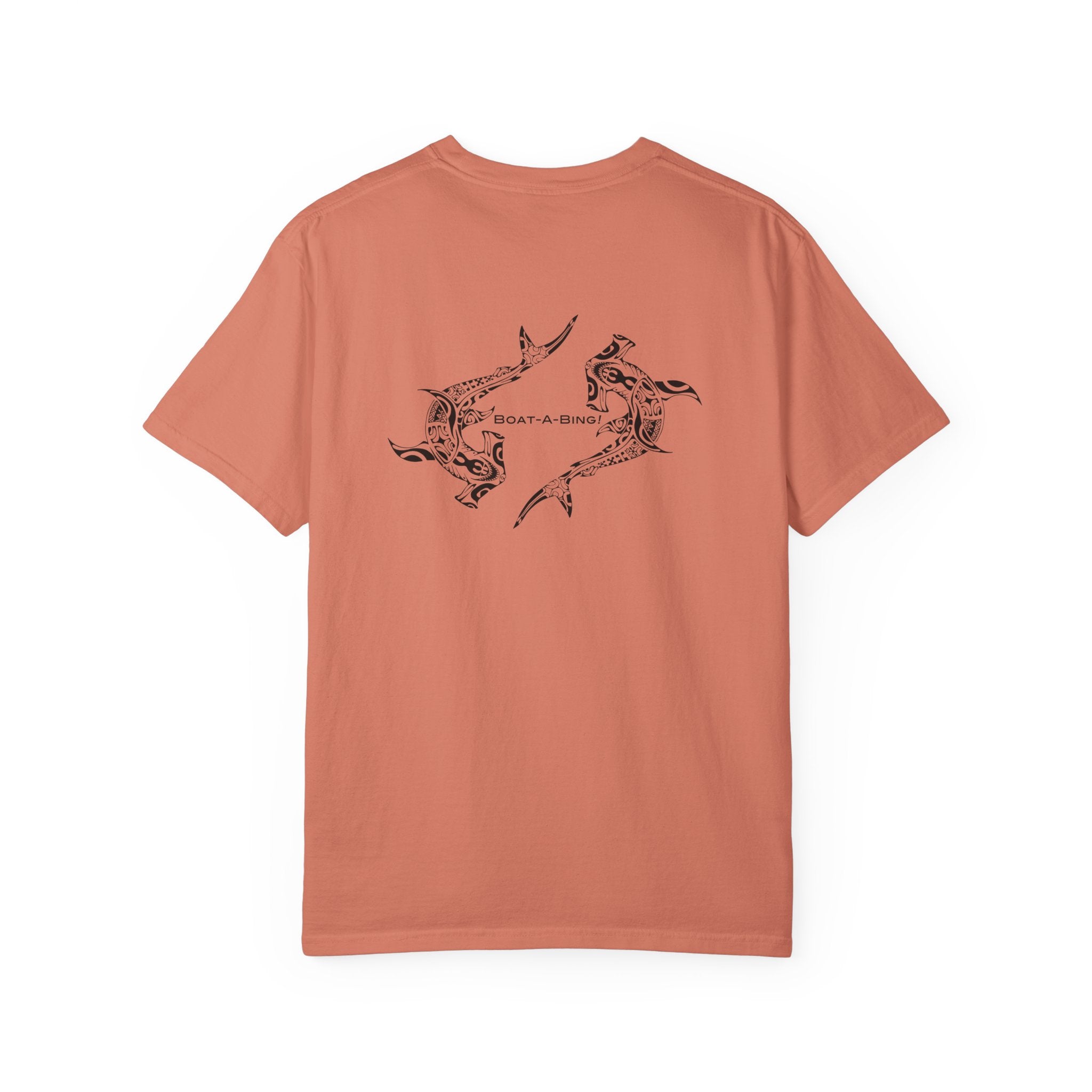 Boat-A-Bing Hammerheads hammerhead sharks garment-dyed cotton boating tee, original hand-drawn back print