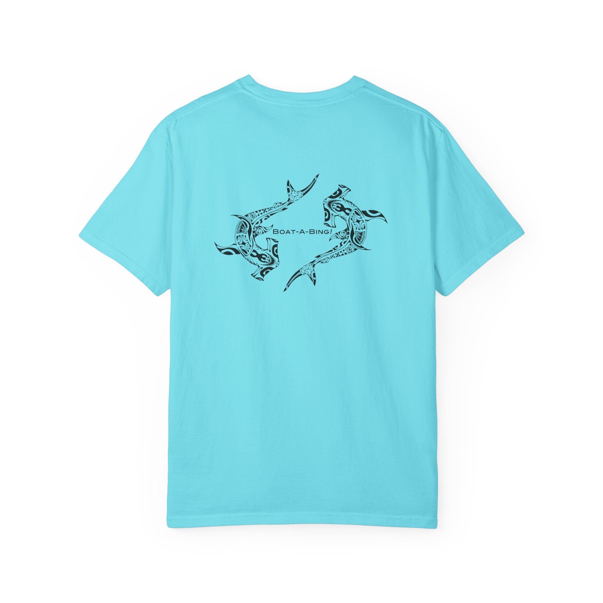Boat-A-Bing Hammerheads hammerhead sharks garment-dyed cotton boating tee, original hand-drawn back print