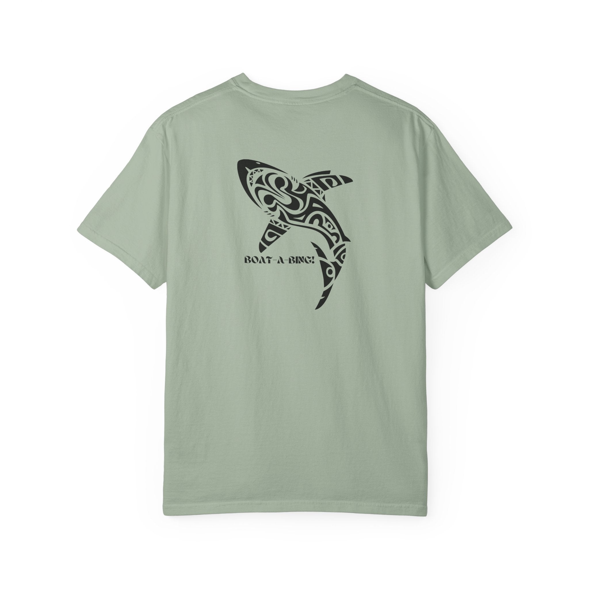 Boat-A-Bing Tiki Shark garment-dyed cotton boating tee, back print