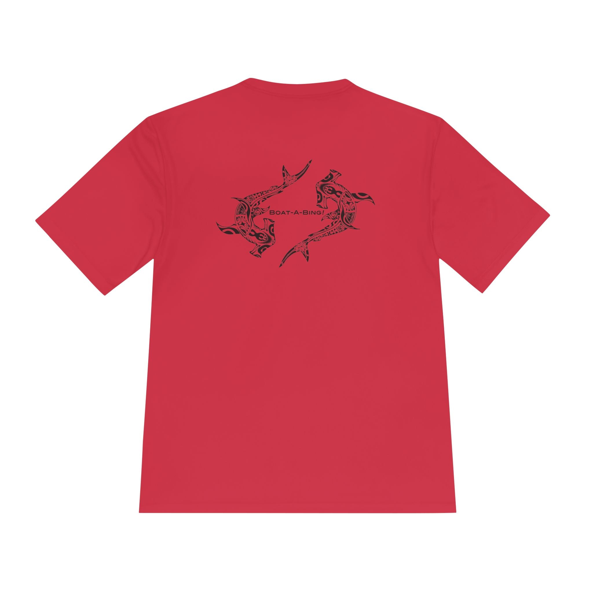 Boat-A-Bing Hammerheads hammerhead sharks moisture-wicking performance boating tee, original hand-drawn back print