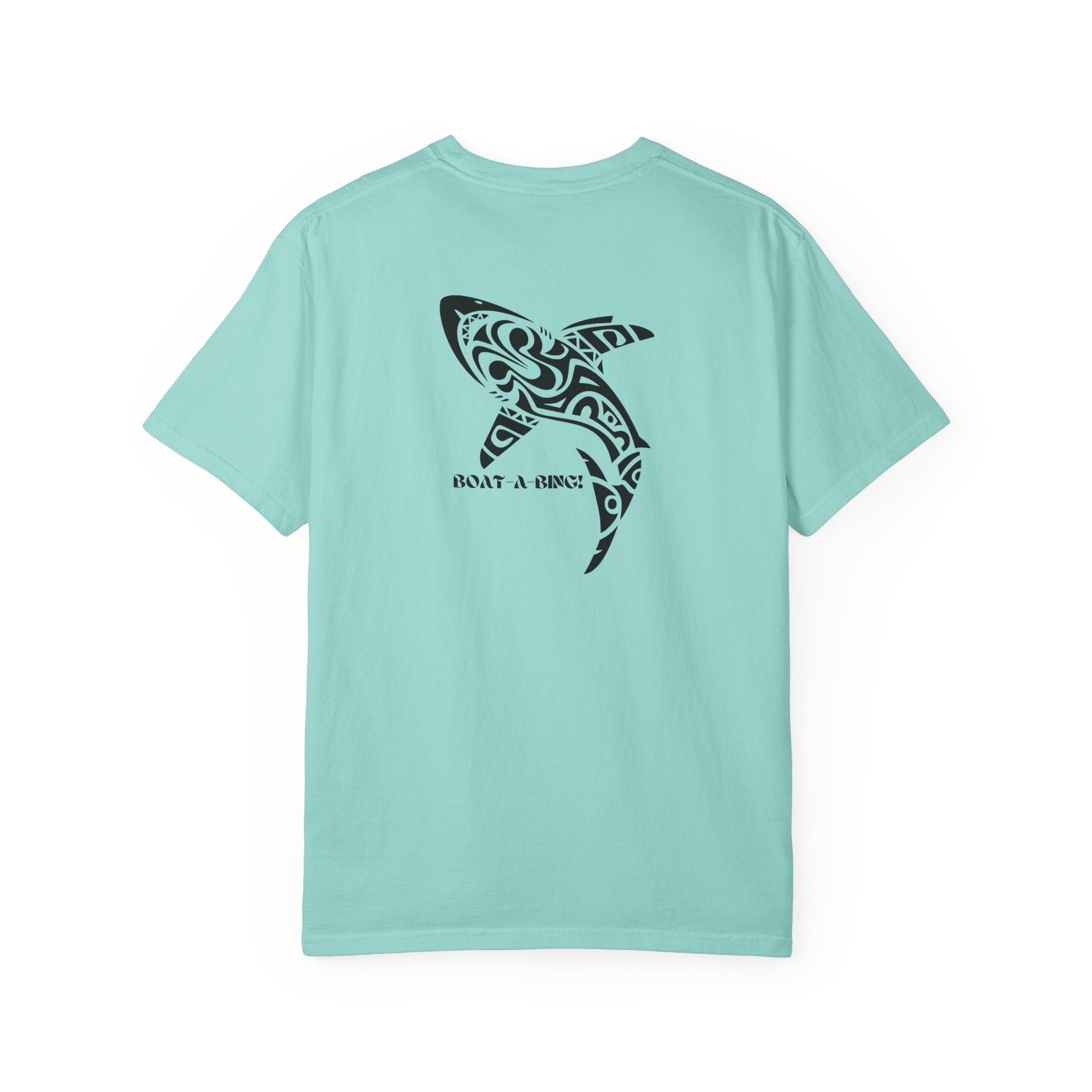 Boat-A-Bing Tiki Shark garment-dyed cotton boating tee, back print