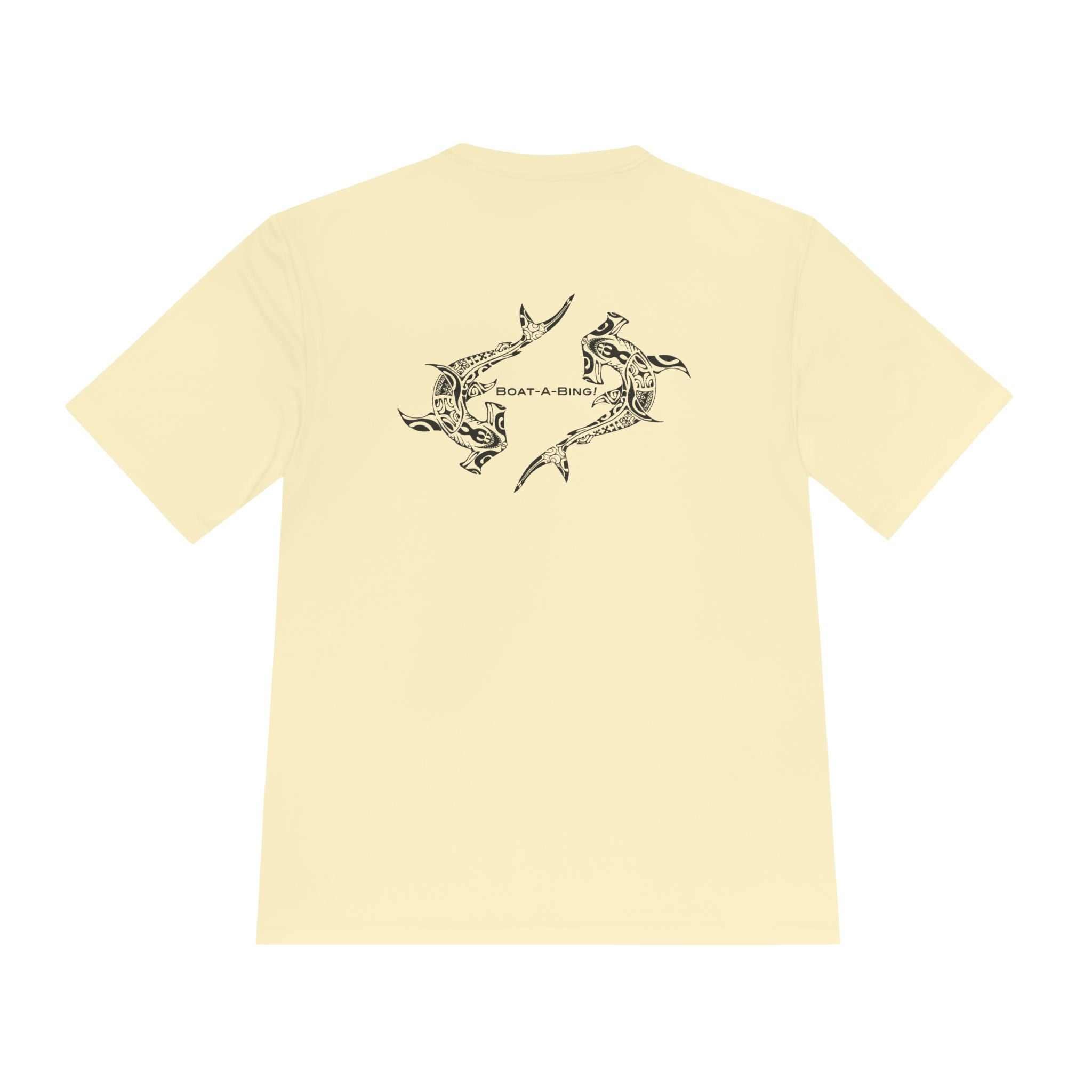 Boat-A-Bing Hammerheads hammerhead sharks moisture-wicking performance boating tee, original hand-drawn back print