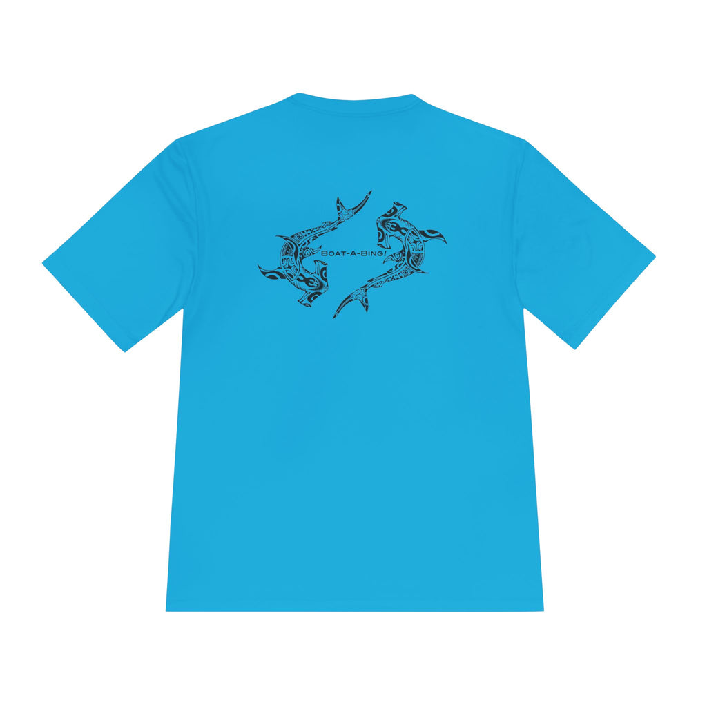 Boat-A-Bing Hammerheads hammerhead sharks moisture-wicking performance boating tee, original hand-drawn back print