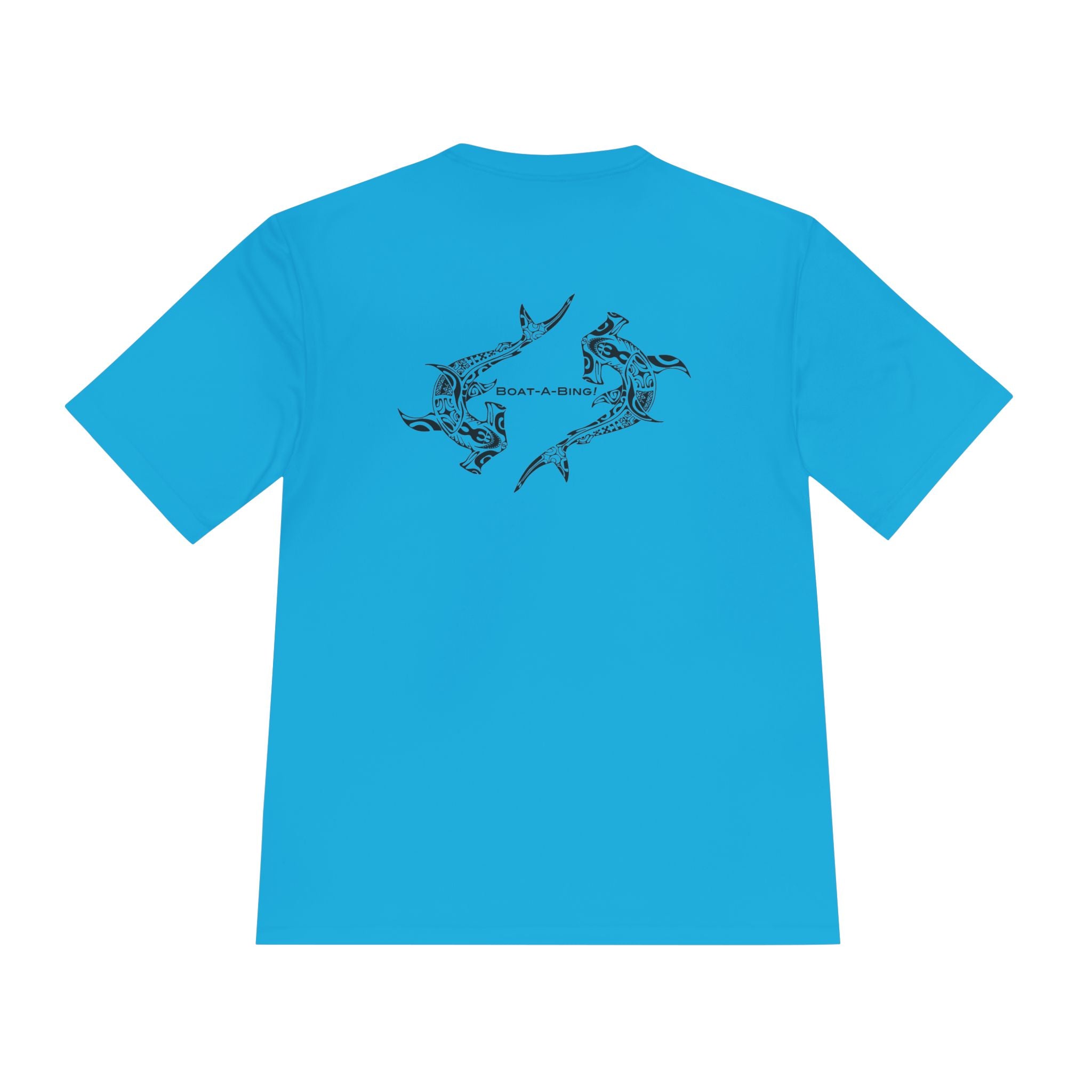 Boat-A-Bing Hammerheads hammerhead sharks moisture-wicking performance boating tee, original hand-drawn back print