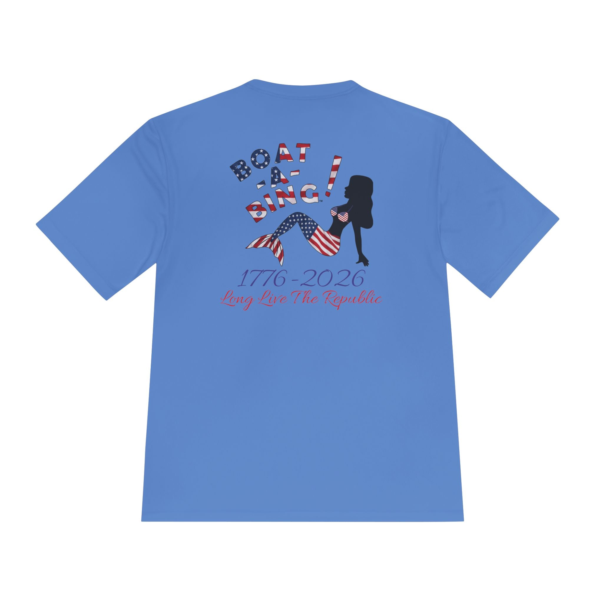 Boat-A-Bing Sirena USA 250 red white and blue limited edition mermaid moisture-wicking performance tee, back print