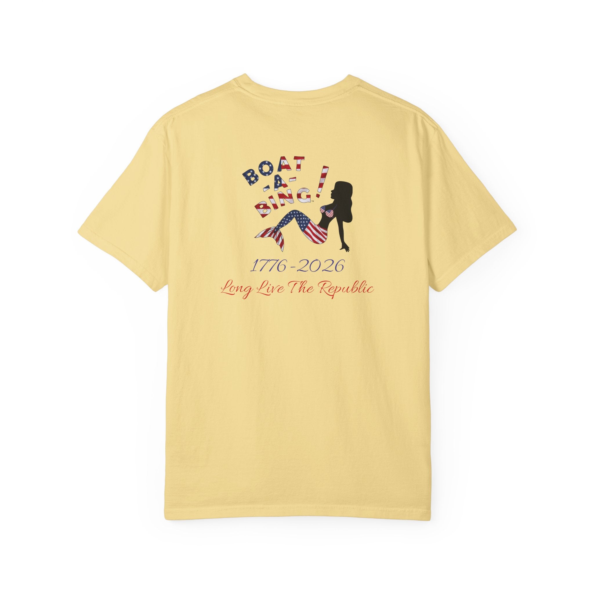 Boat-A-Bing Sirena USA 250 red white and blue limited edition mermaid garment-dyed cotton tee, back print