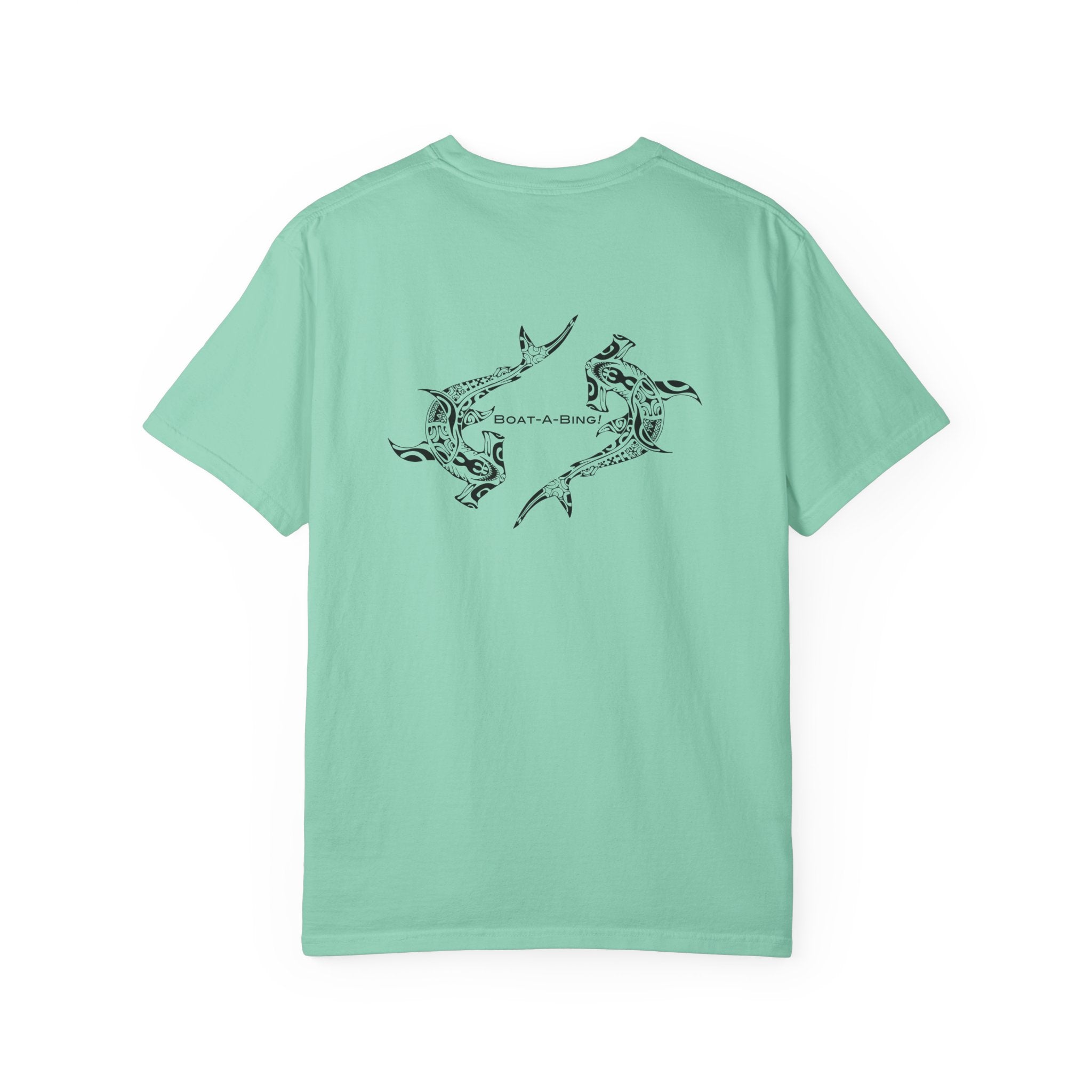 Boat-A-Bing Hammerheads hammerhead sharks garment-dyed cotton boating tee, original hand-drawn back print