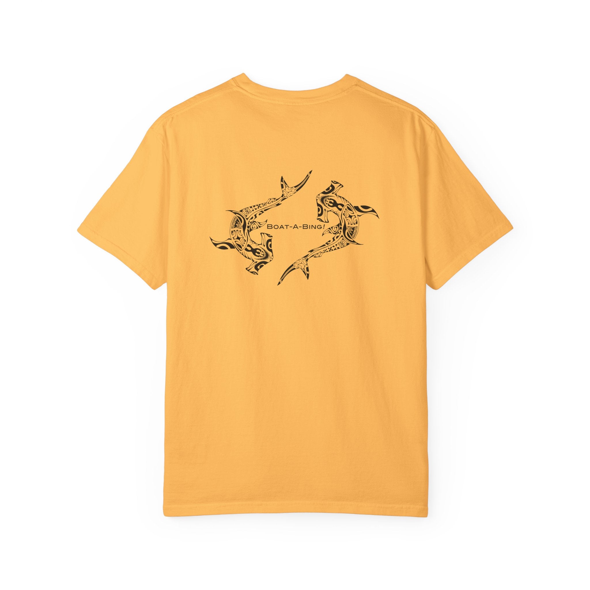 Boat-A-Bing Hammerheads hammerhead sharks garment-dyed cotton boating tee, original hand-drawn back print