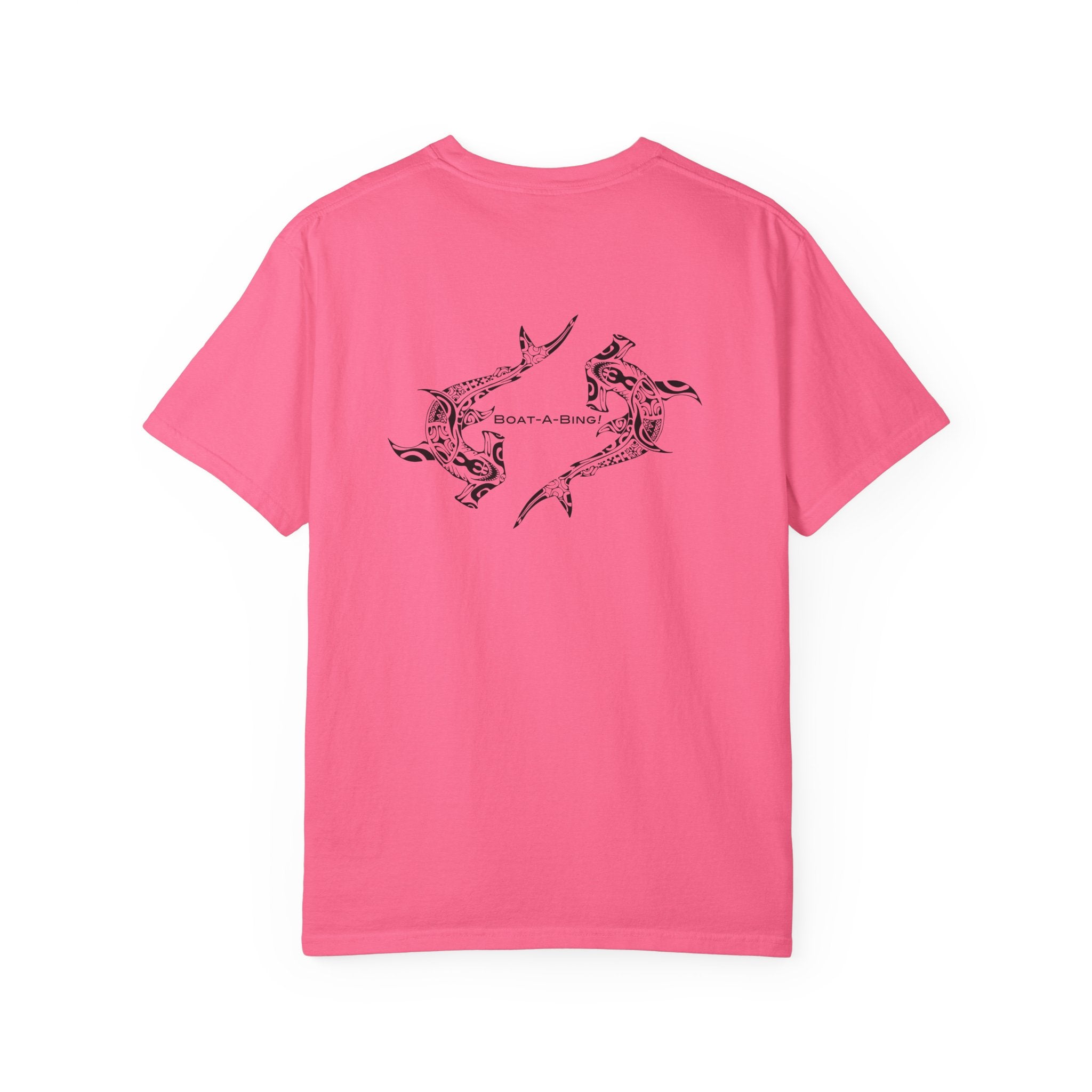 Boat-A-Bing Hammerheads hammerhead sharks garment-dyed cotton boating tee, original hand-drawn back print