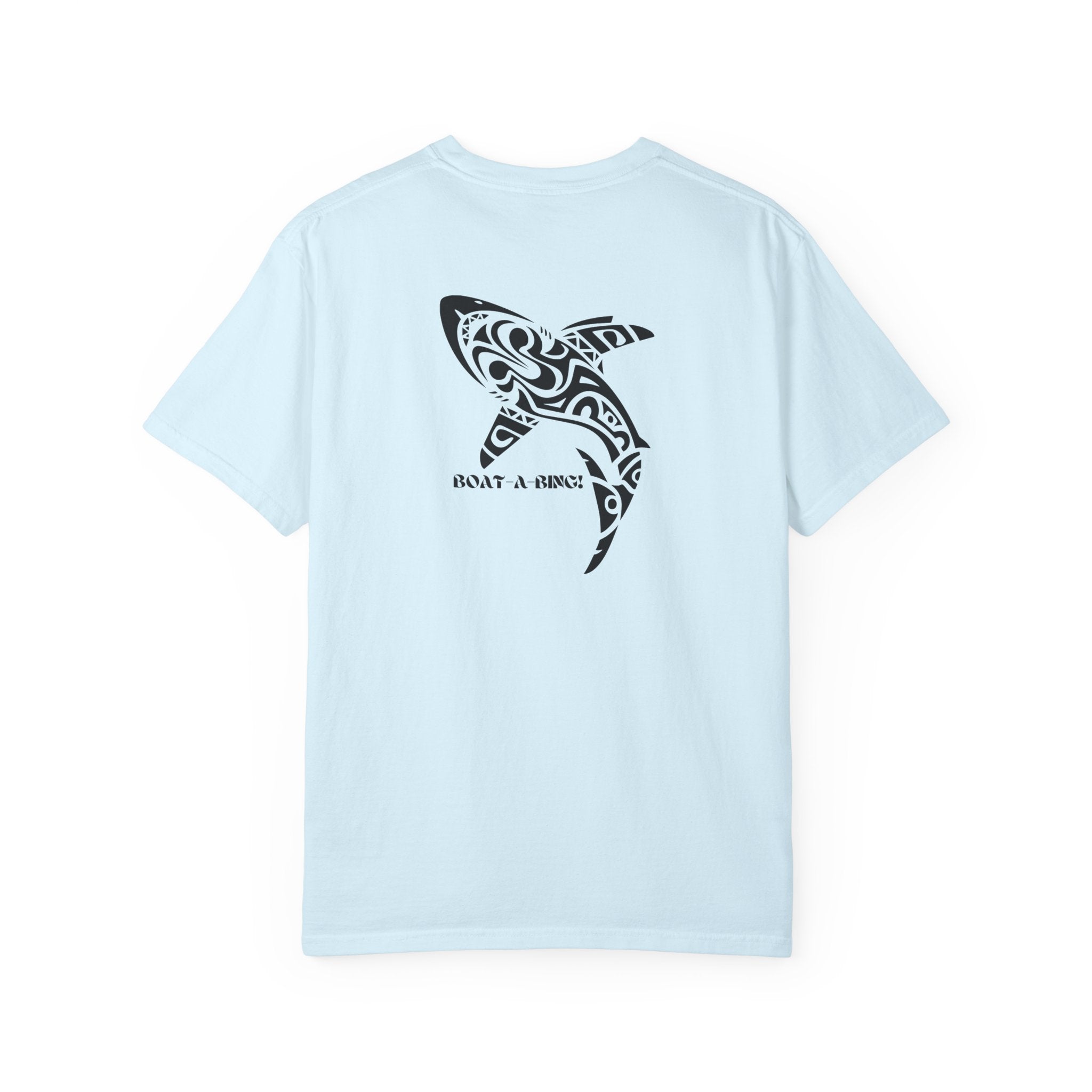Boat-A-Bing Tiki Shark garment-dyed cotton boating tee, back print
