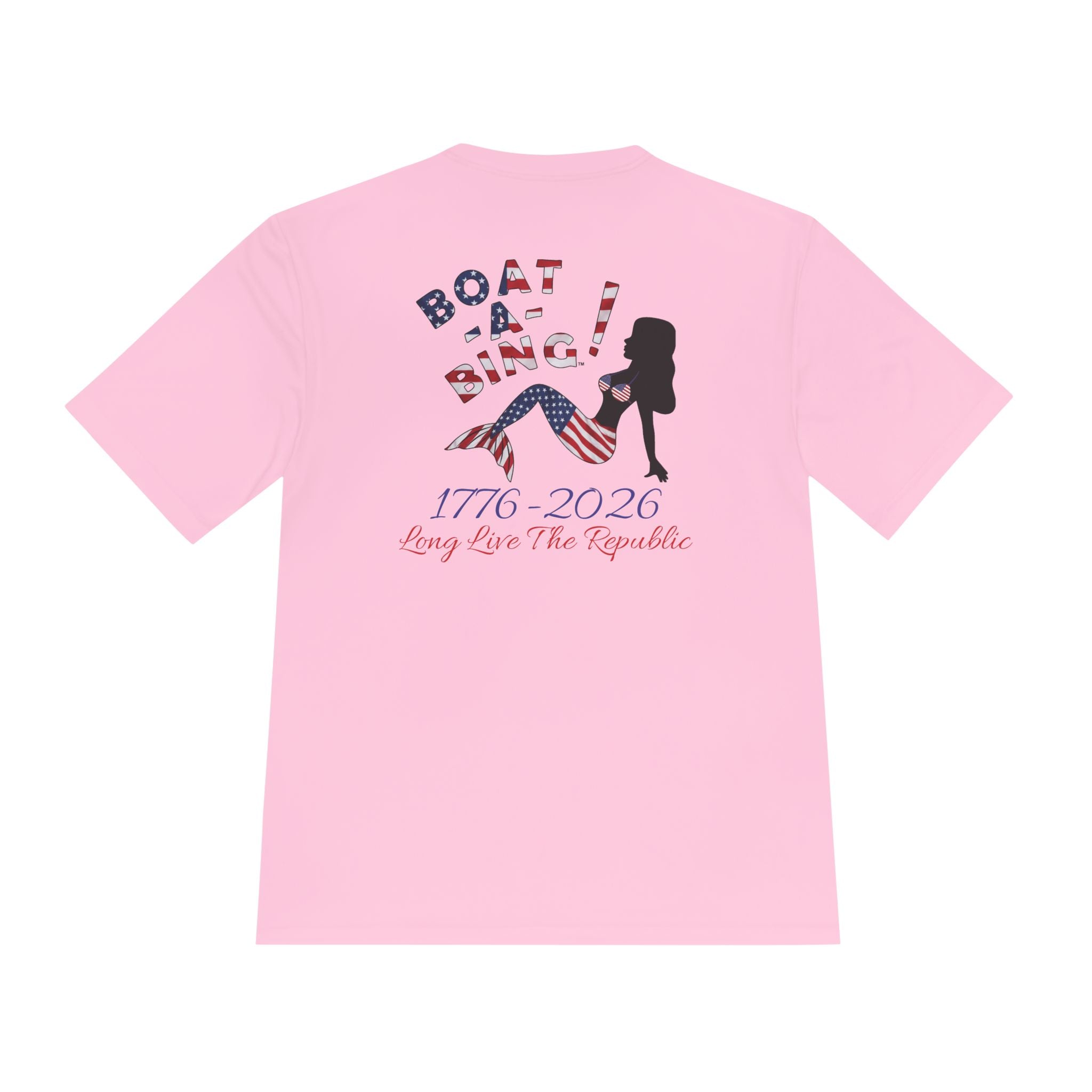 Boat-A-Bing Sirena USA 250 red white and blue limited edition mermaid moisture-wicking performance tee, back print