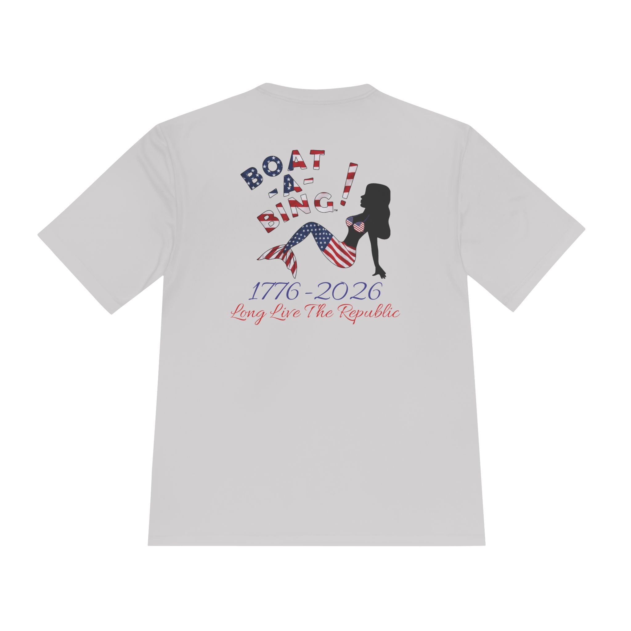 Boat-A-Bing Sirena USA 250 red white and blue limited edition mermaid moisture-wicking performance tee, back print