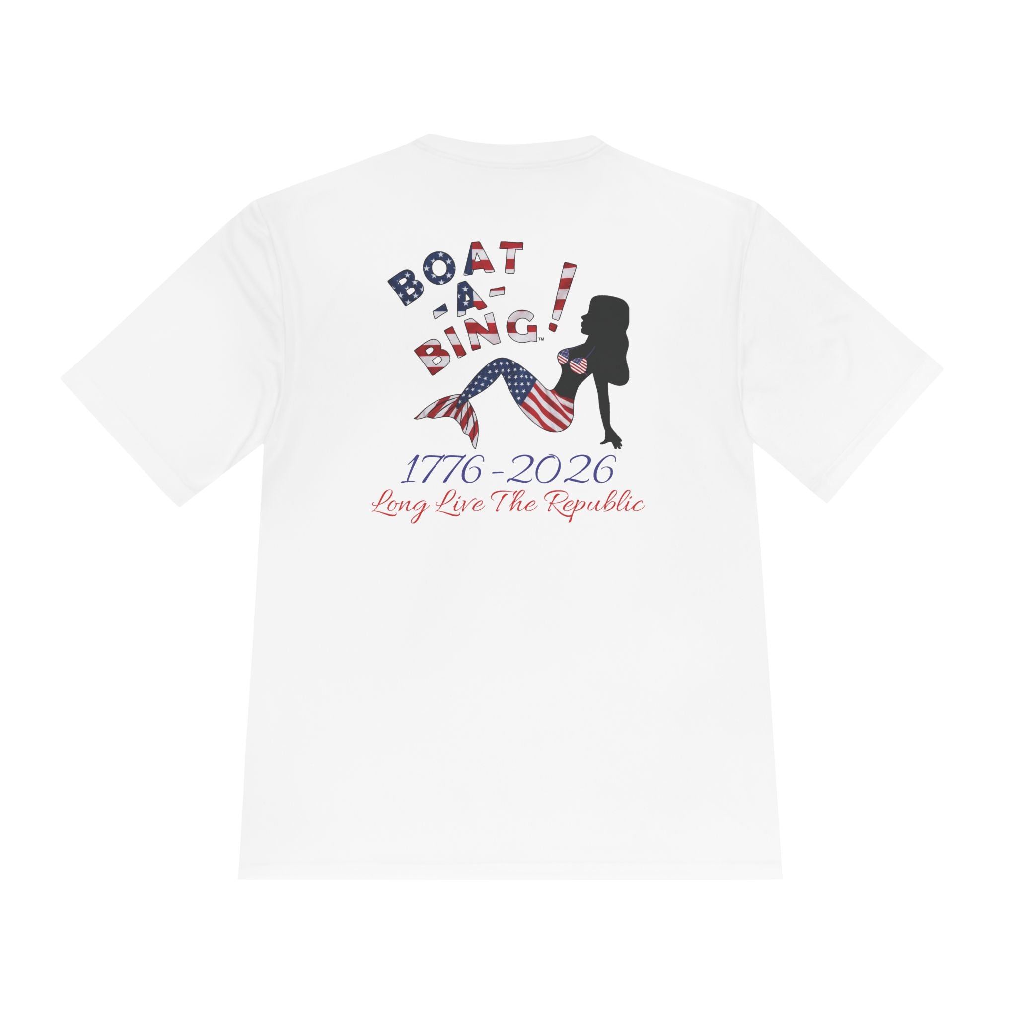 Boat-A-Bing Sirena USA 250 red white and blue limited edition mermaid moisture-wicking performance tee, back print