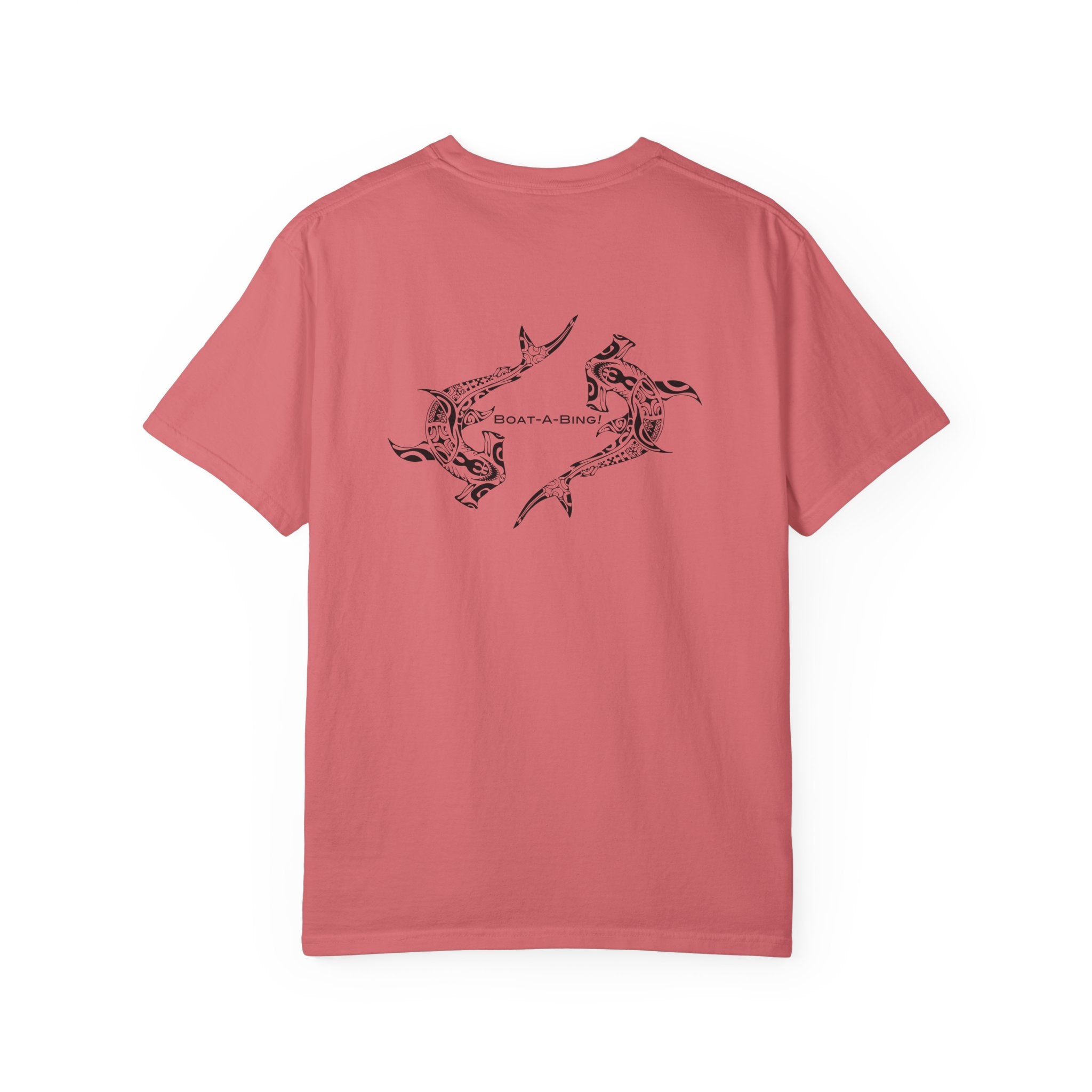 Boat-A-Bing Hammerheads hammerhead sharks garment-dyed cotton boating tee, original hand-drawn back print