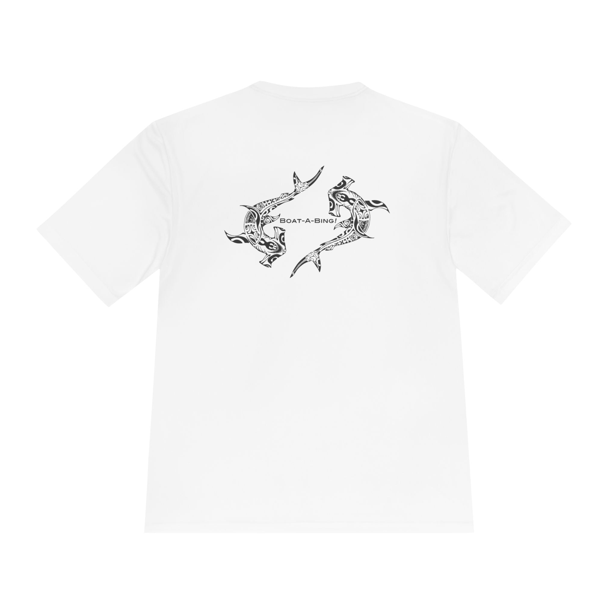 Boat-A-Bing Hammerheads hammerhead sharks moisture-wicking performance boating tee, original hand-drawn back print