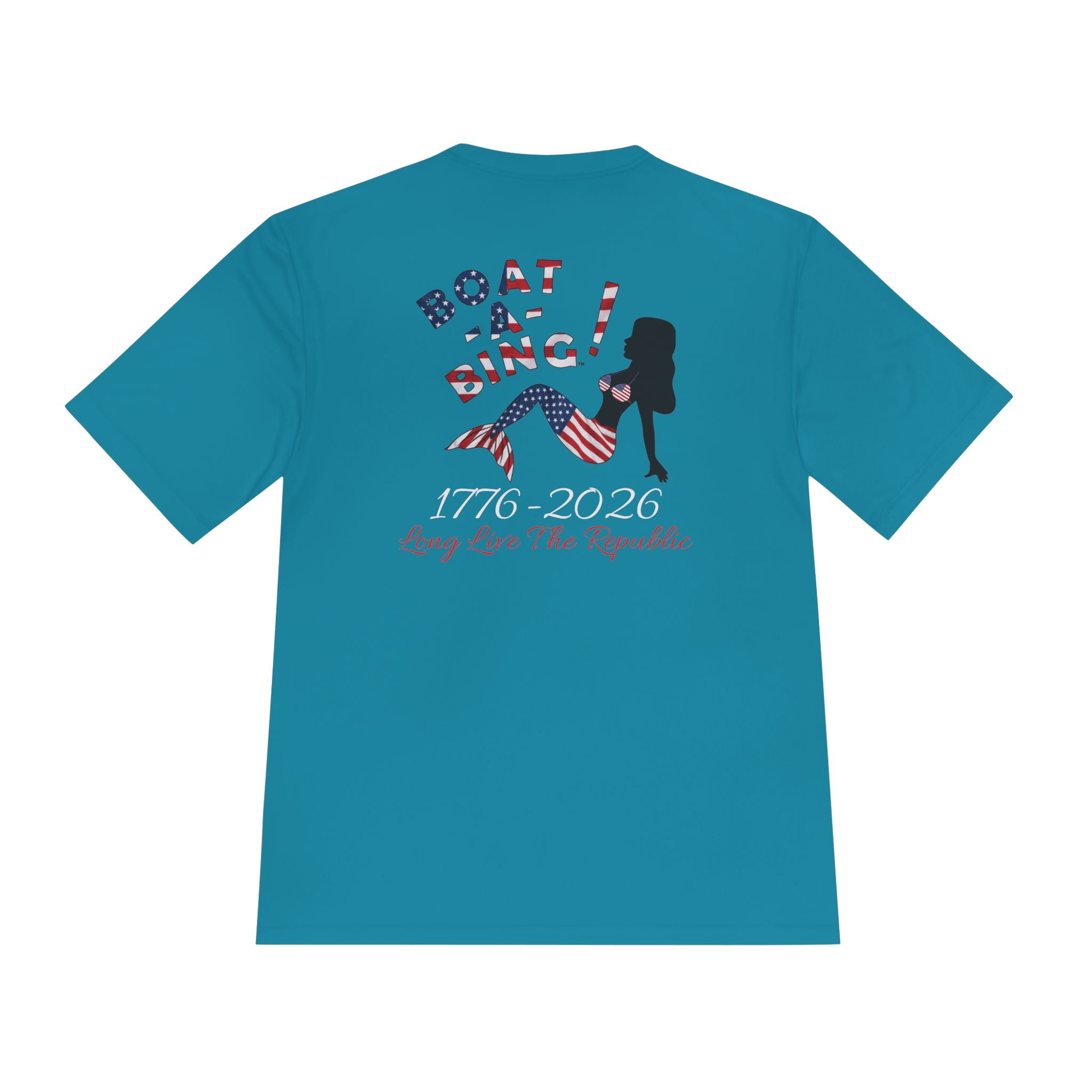 Boat-A-Bing Sirena USA 250 red white and blue limited edition mermaid moisture-wicking performance tee, back print