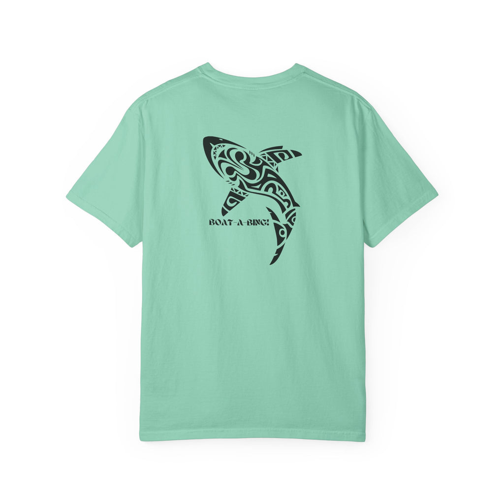 Boat-A-Bing Tiki Shark garment-dyed cotton boating tee, back print