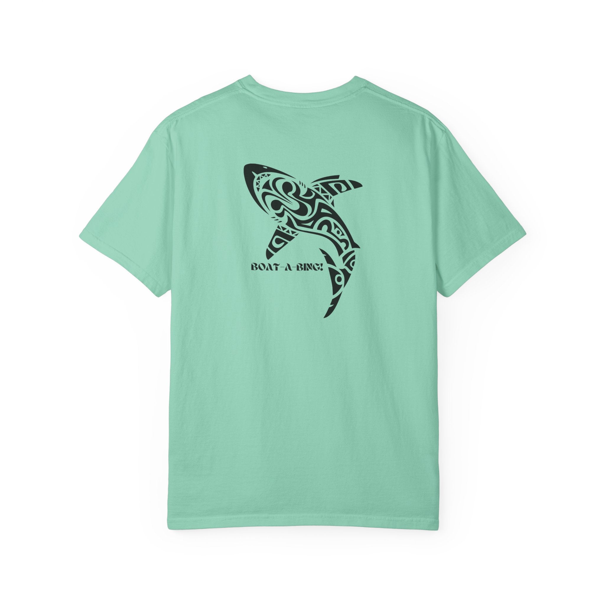 Boat-A-Bing Tiki Shark garment-dyed cotton boating tee, back print