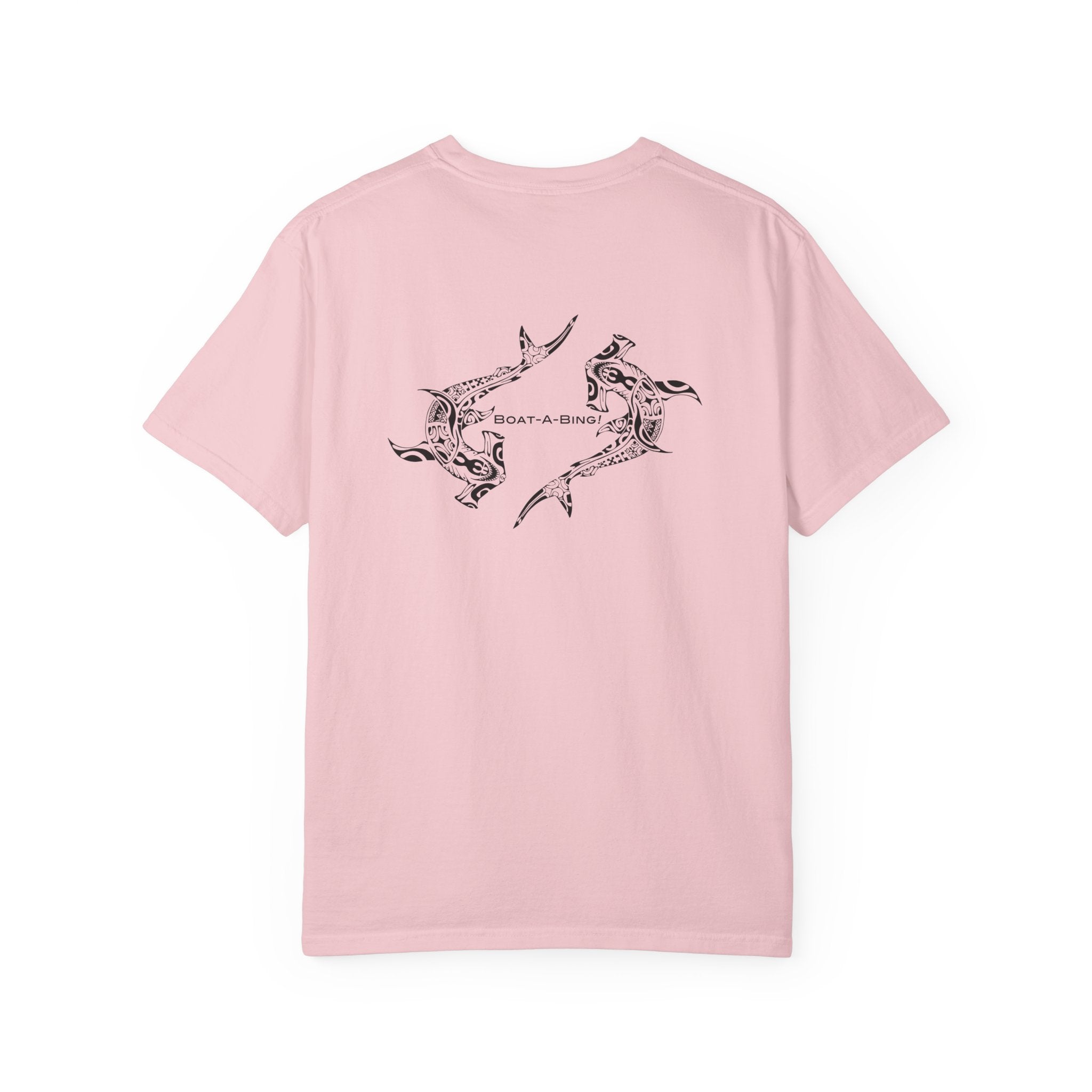 Boat-A-Bing Hammerheads hammerhead sharks garment-dyed cotton boating tee, original hand-drawn back print