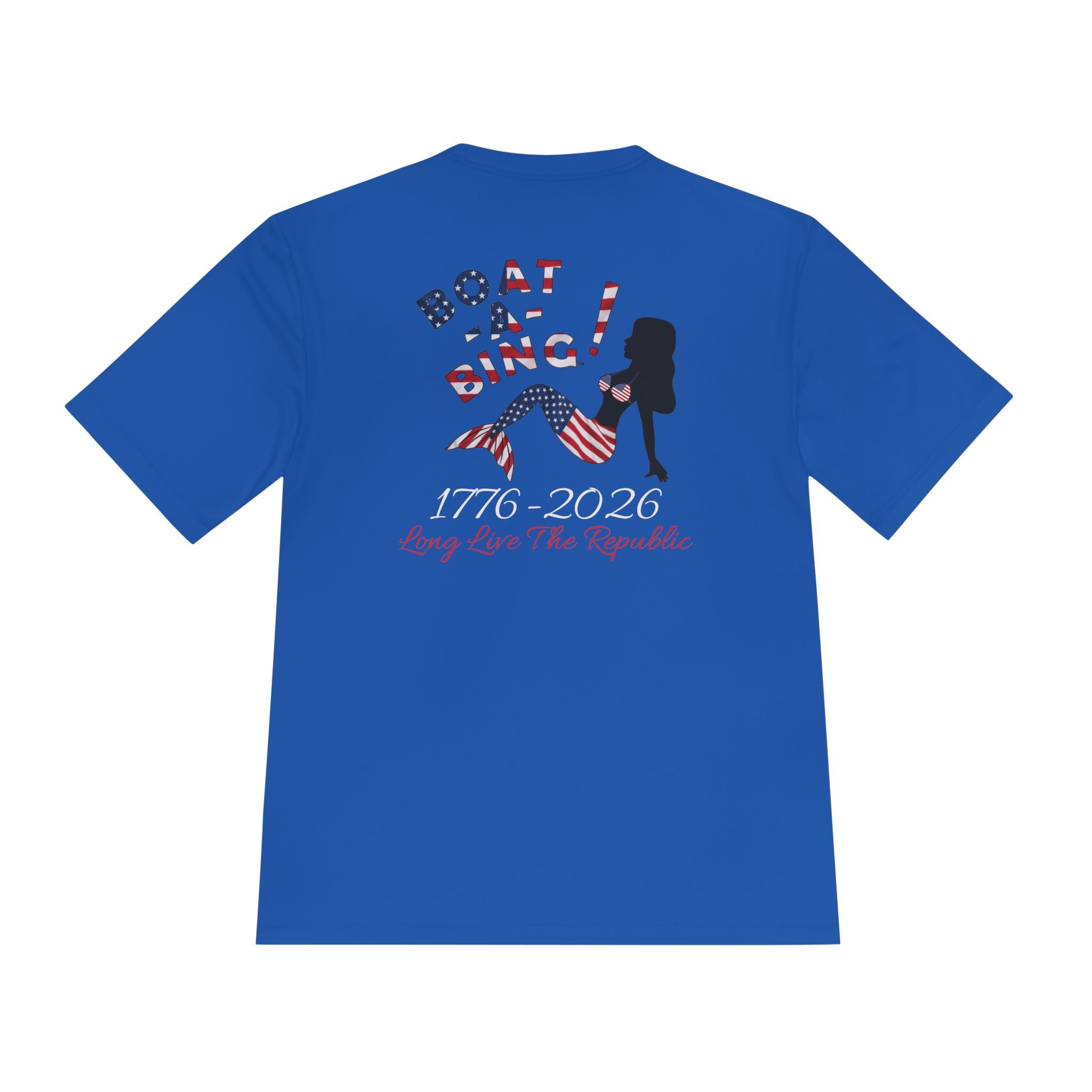 Boat-A-Bing Sirena USA 250 red white and blue limited edition mermaid moisture-wicking performance tee, back print