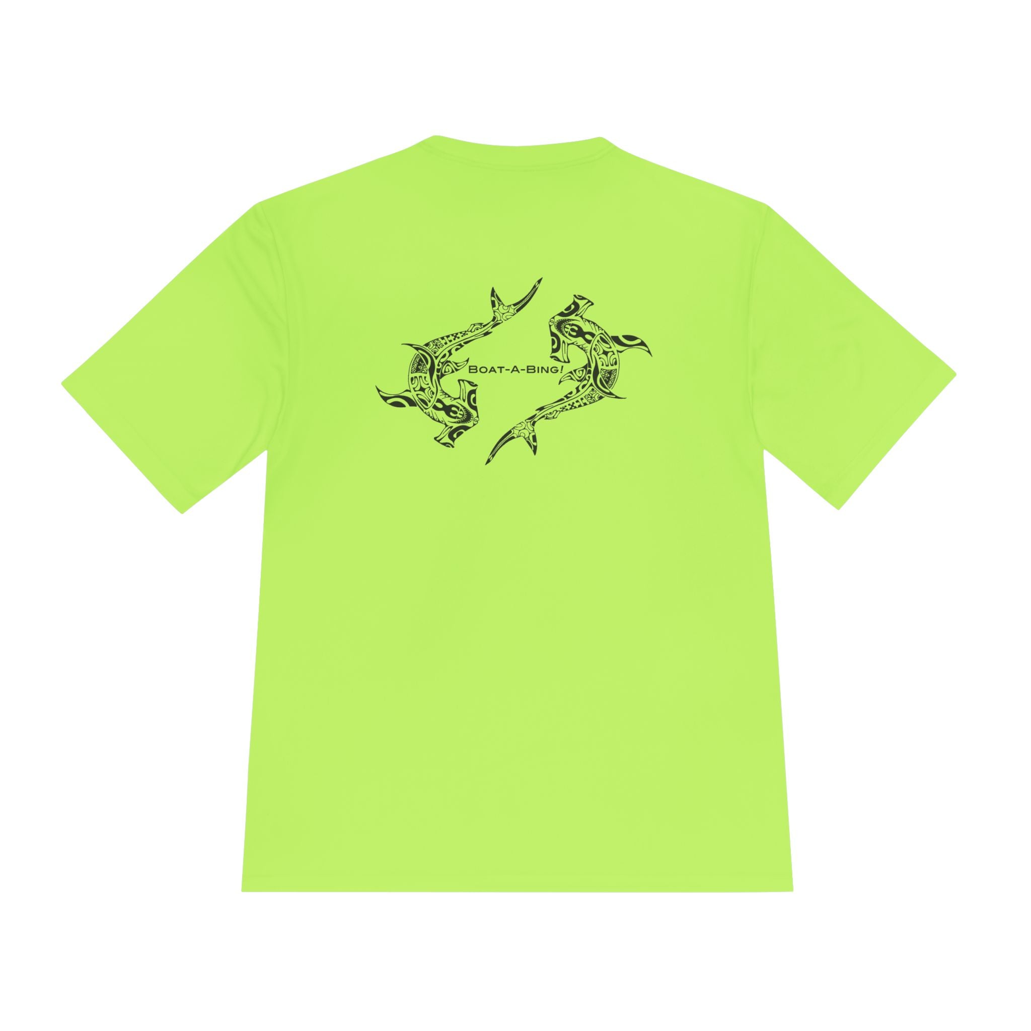 Boat-A-Bing Hammerheads hammerhead sharks moisture-wicking performance boating tee, original hand-drawn back print