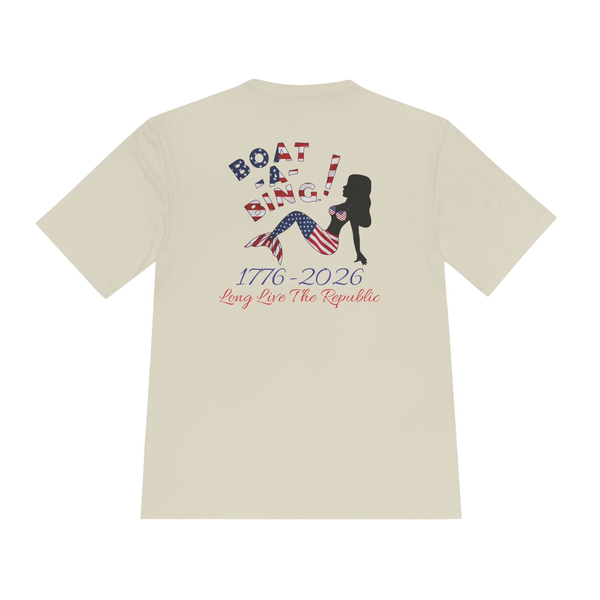 Boat-A-Bing Sirena USA 250 red white and blue limited edition mermaid moisture-wicking performance tee, back print