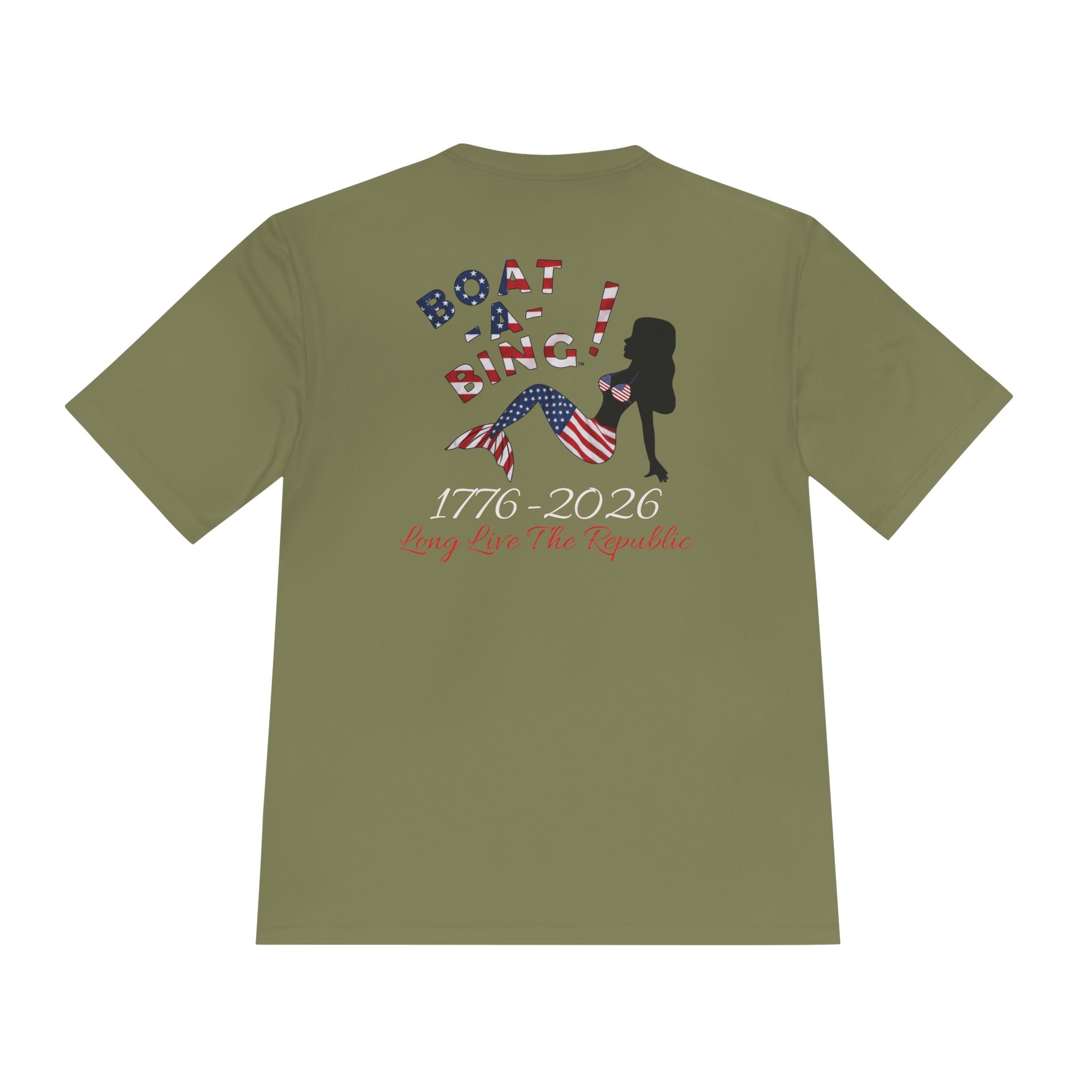 Boat-A-Bing Sirena USA 250 red white and blue limited edition mermaid moisture-wicking performance tee, back print