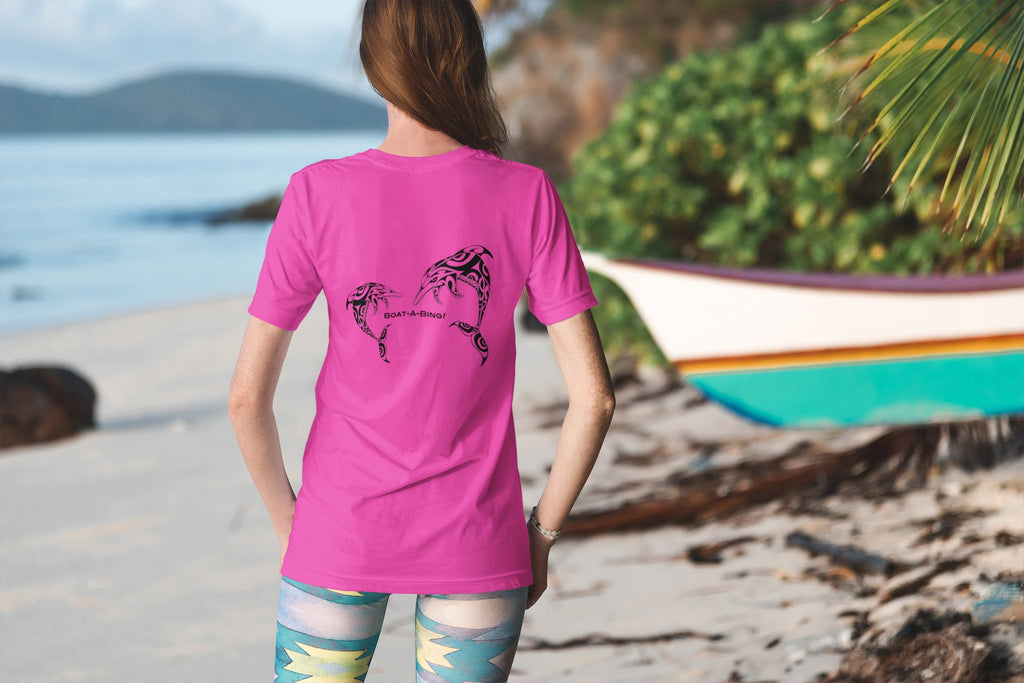 Dock pair by the water wearing Boat-A-Bing dolphins back-print boating shirts