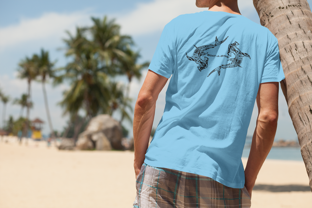 Boat-A-Bing Hammerheads hammerhead sharks garment-dyed cotton boating tee, original hand-drawn back print